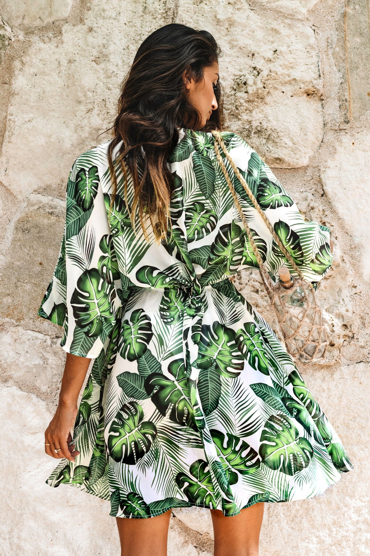 Tropical Leaf Drawstring Cover-Up Dress