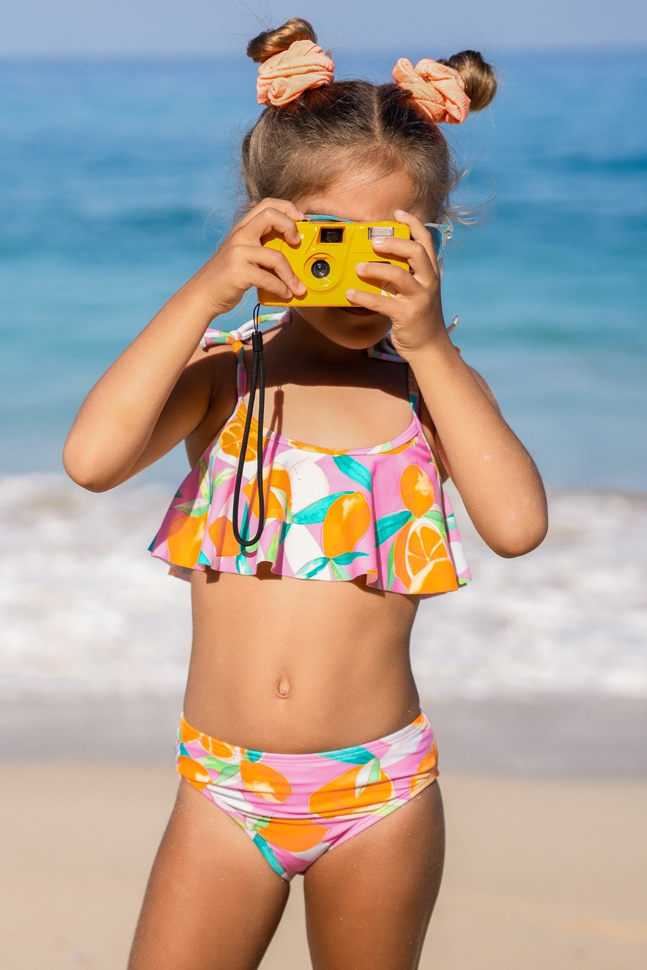 Girls Lemon Drops Tie Strap Top & Mid Rise Hipster Bikini Set
