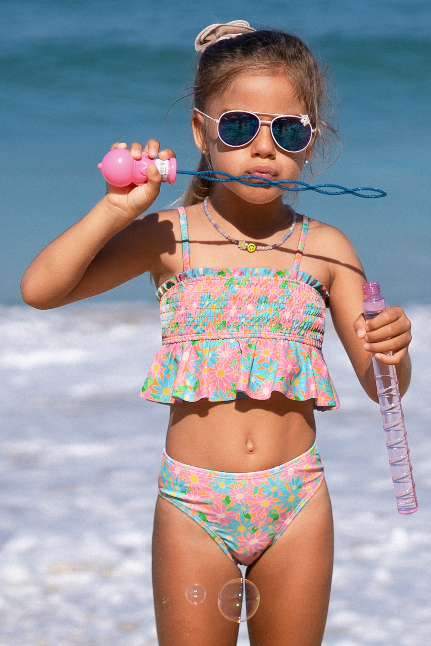 Girls Spring Blossoms Smocked Ruffled Hipster Tankini Set