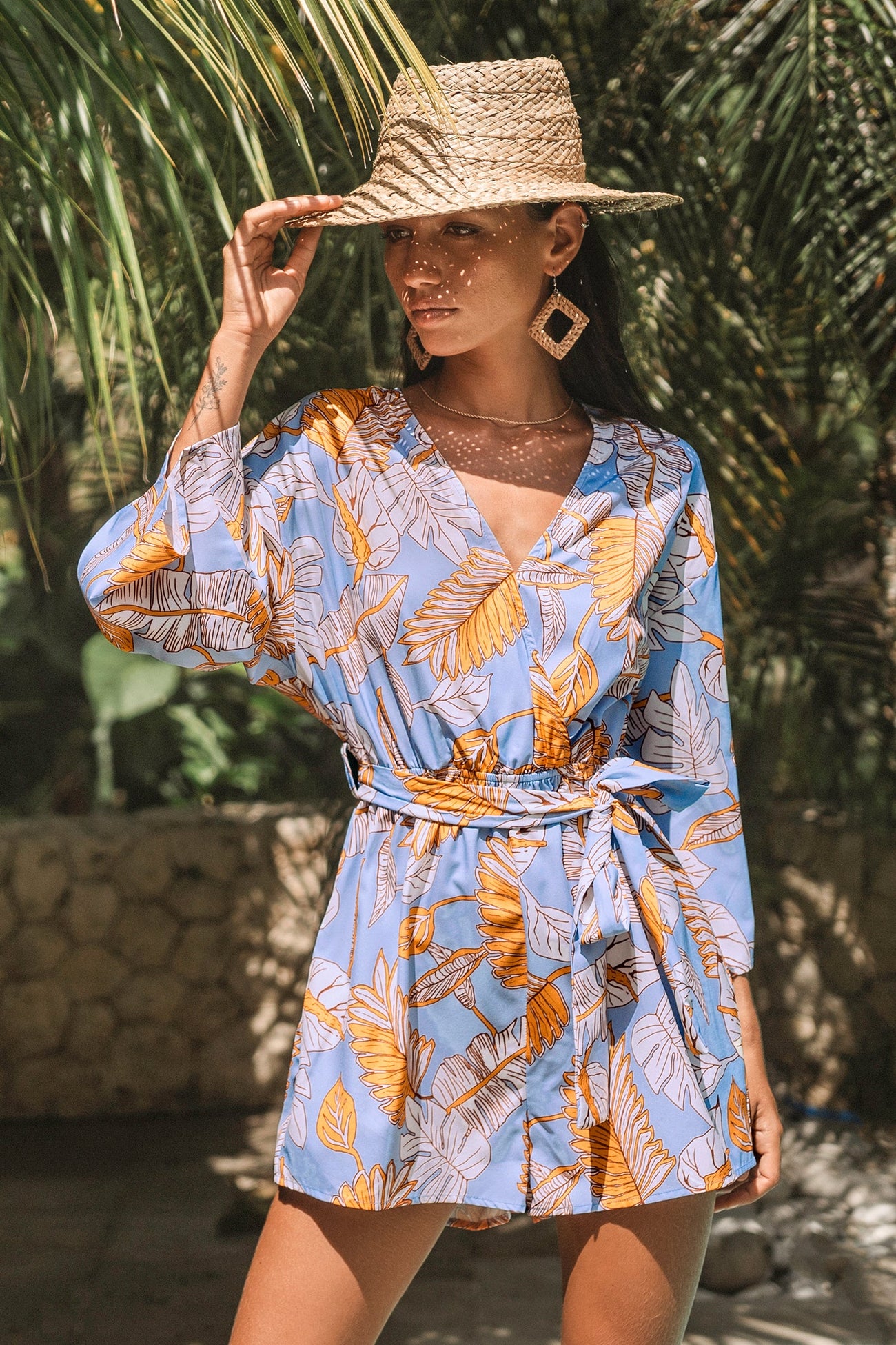 Belted Tropical Palms Romper