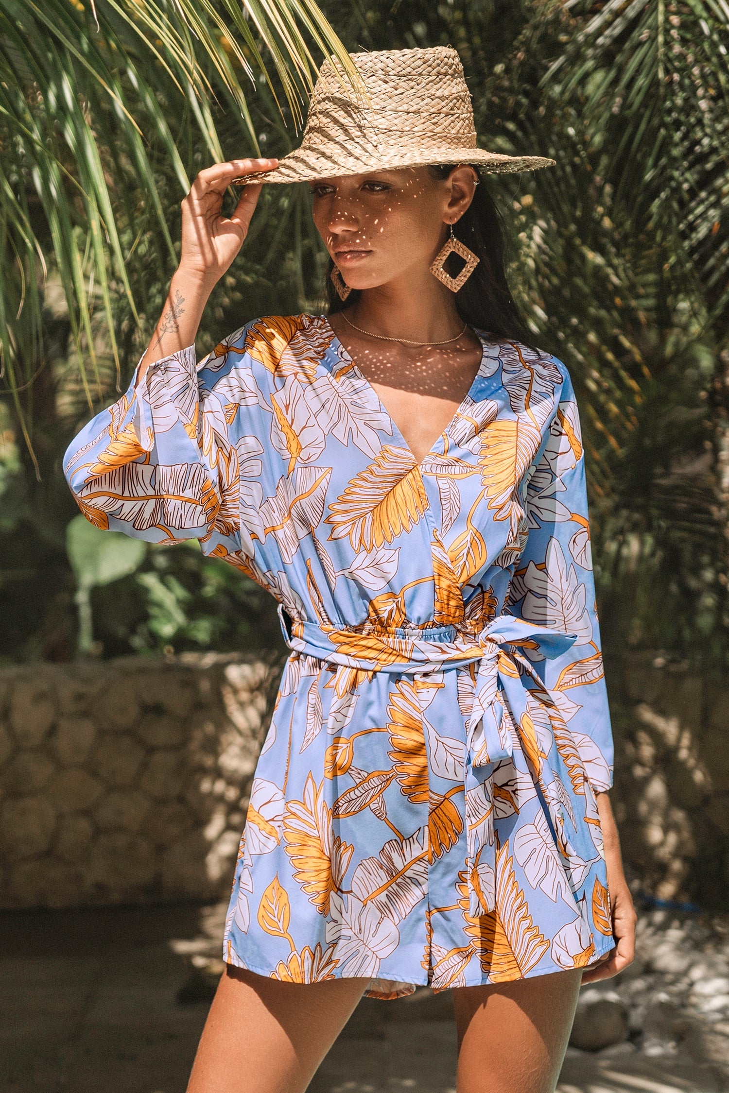 Belted Tropical Palms Romper
