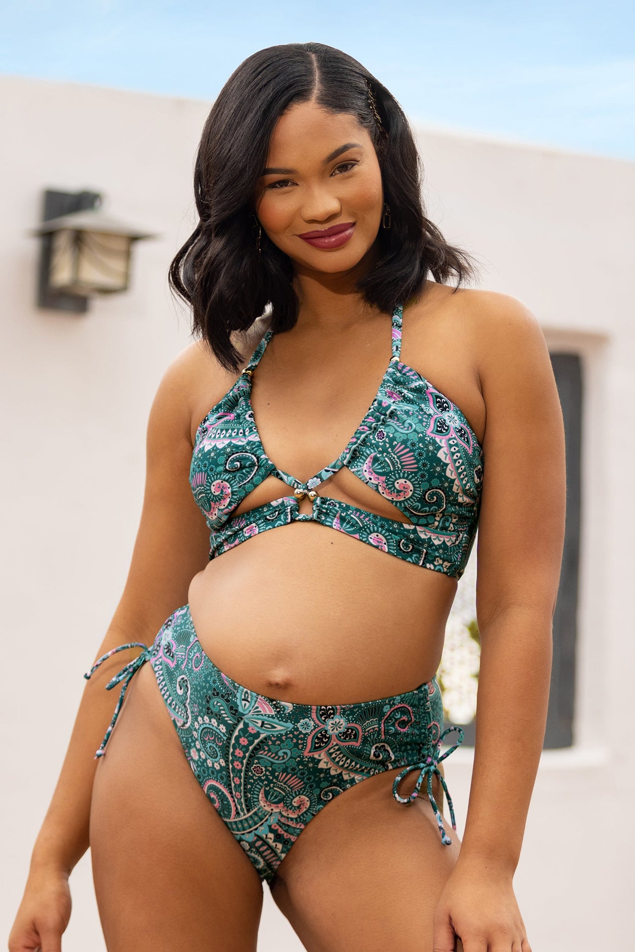 Spring Paisley Cutout Halter & Ruched Drawstring Bikini Set