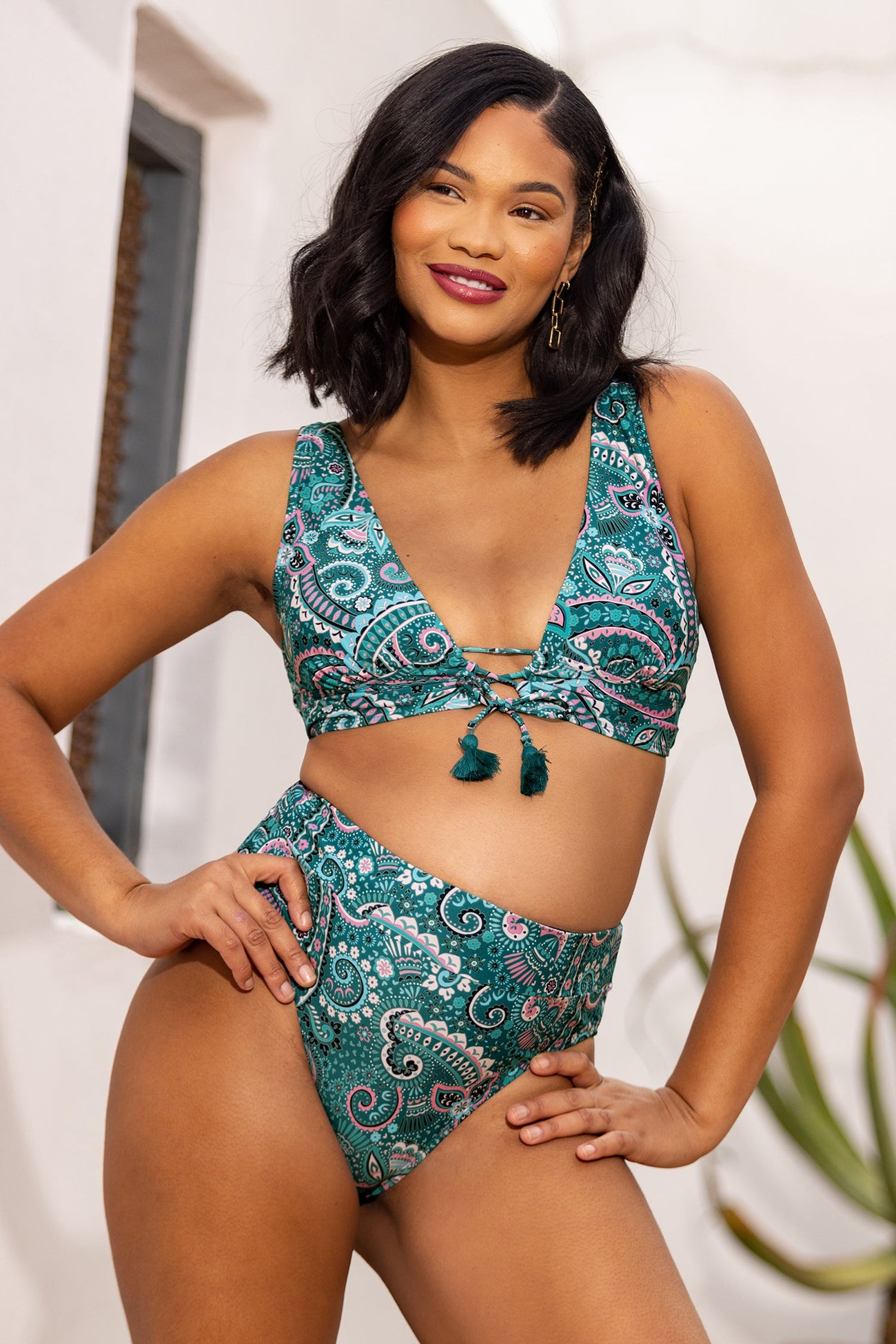 Spring Paisley Fringe Front Top & Banded High Waist Bikini Set