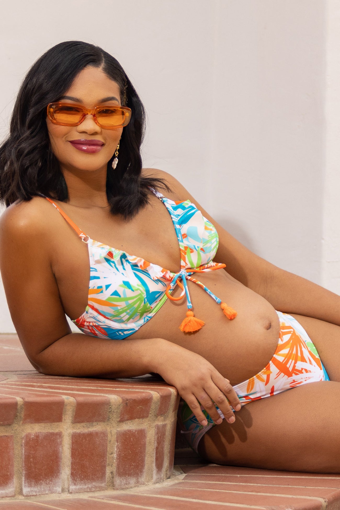 Abstract Tropical Leaf Tassel Underwire Top & Mid Rise Bikini Set