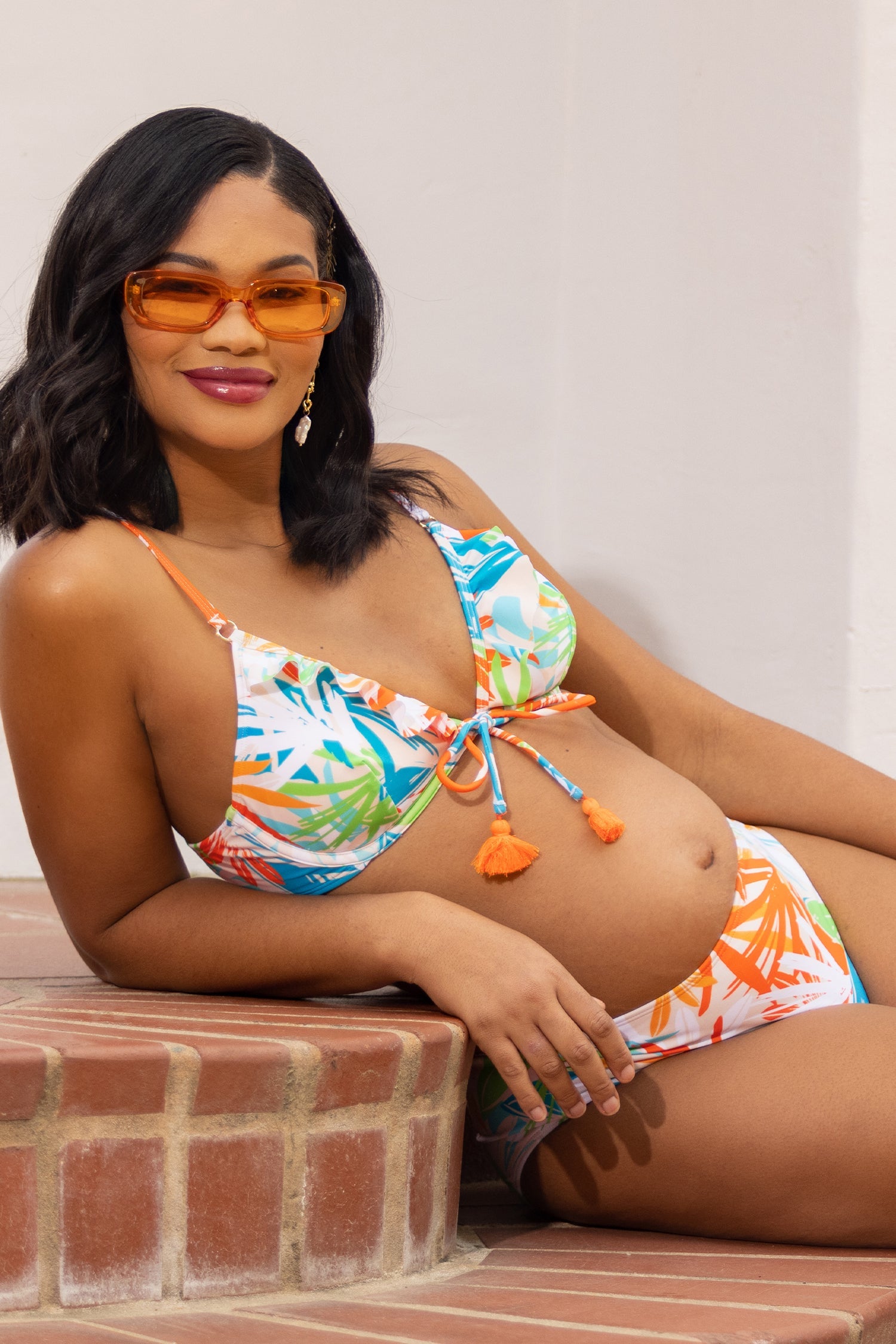 Abstract Tropical Leaf Tassel Underwire Top & Mid Rise Bikini Set