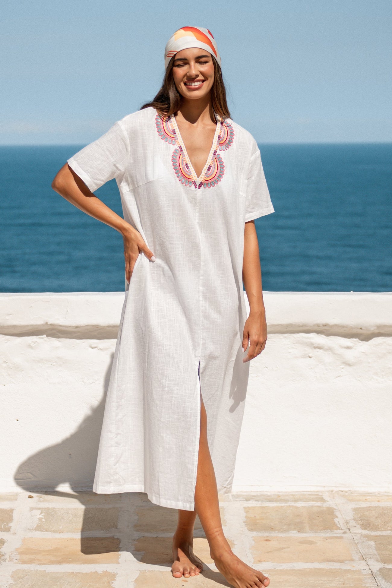 Embroidered V-Neck Slit Maxi Cover-Up Dress