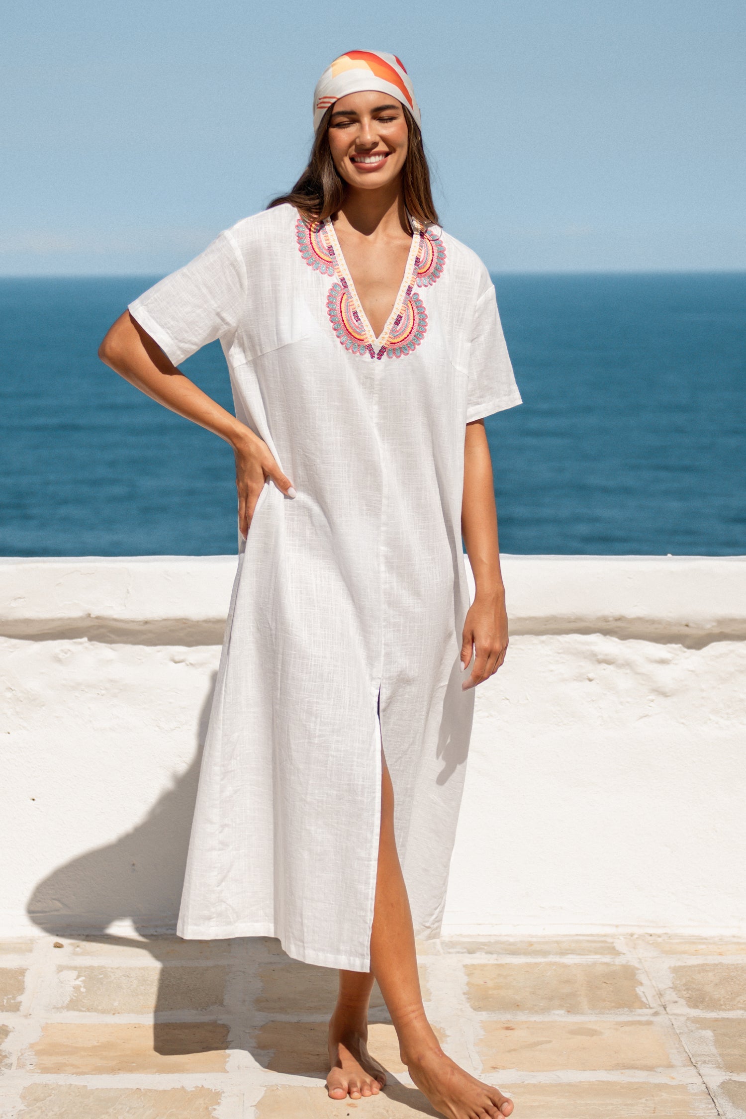 Embroidered V-Neck Slit Maxi Cover-Up Dress