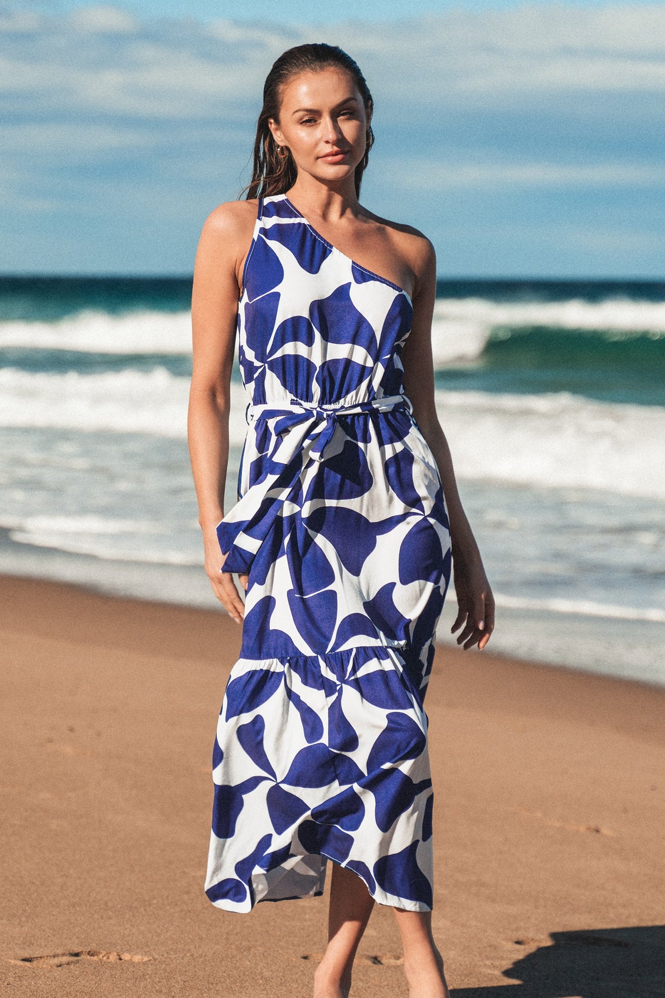 Belted Geo Print One-Shoulder Dress