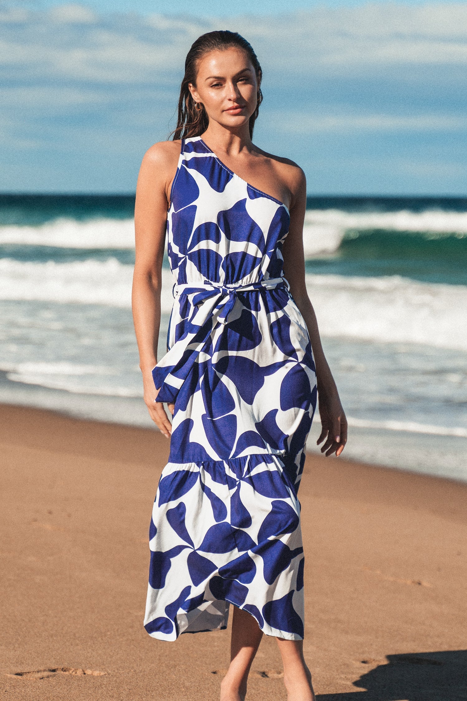 Belted Geo Print One-Shoulder Dress
