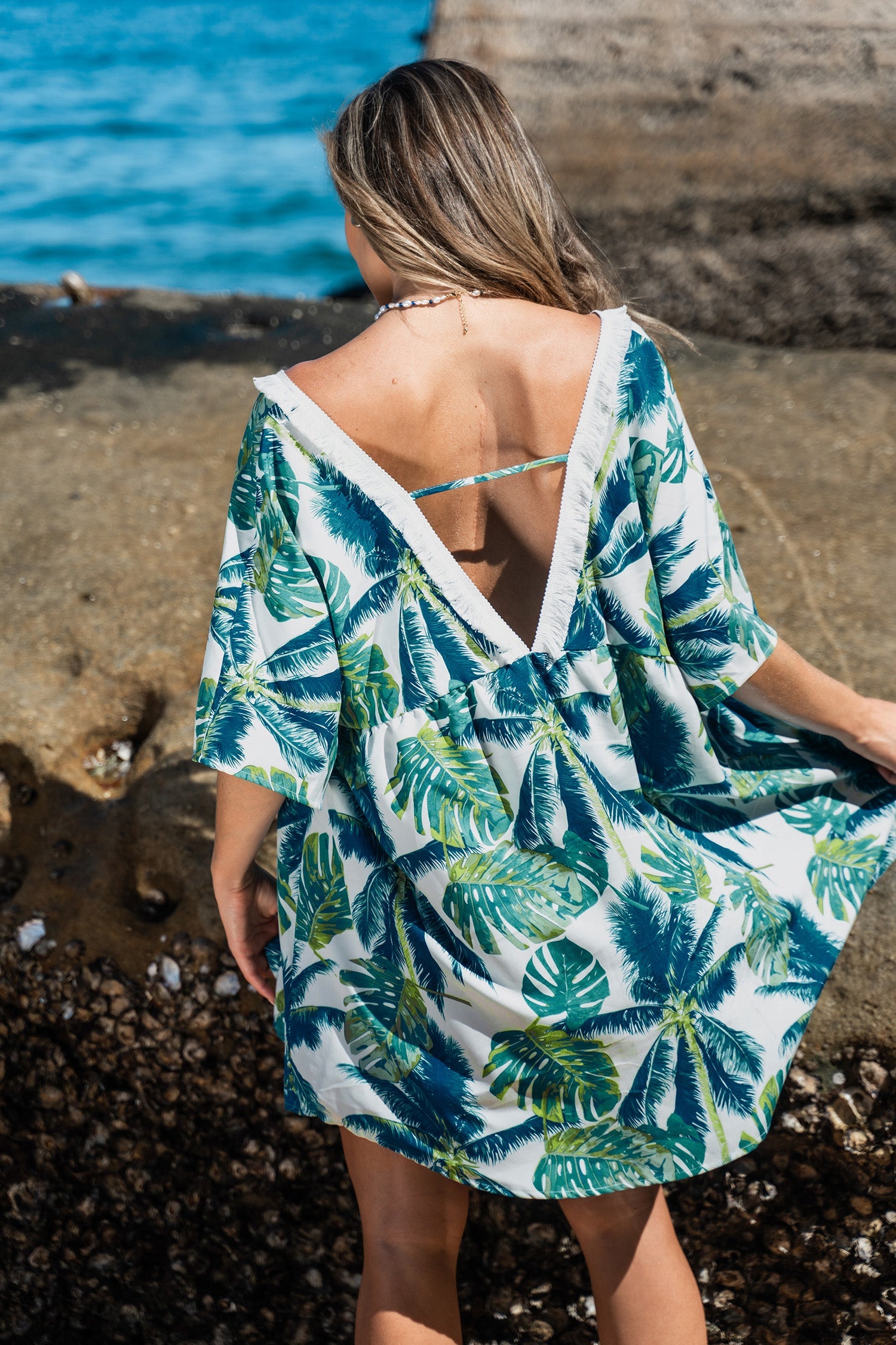 Tropical Leaf Print V-neck Cover-Up Dress