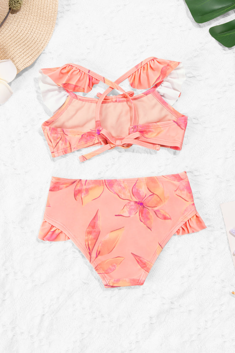 Girls Luminescent Ruffled Tie Back Bralette & Hipster Bikini Set