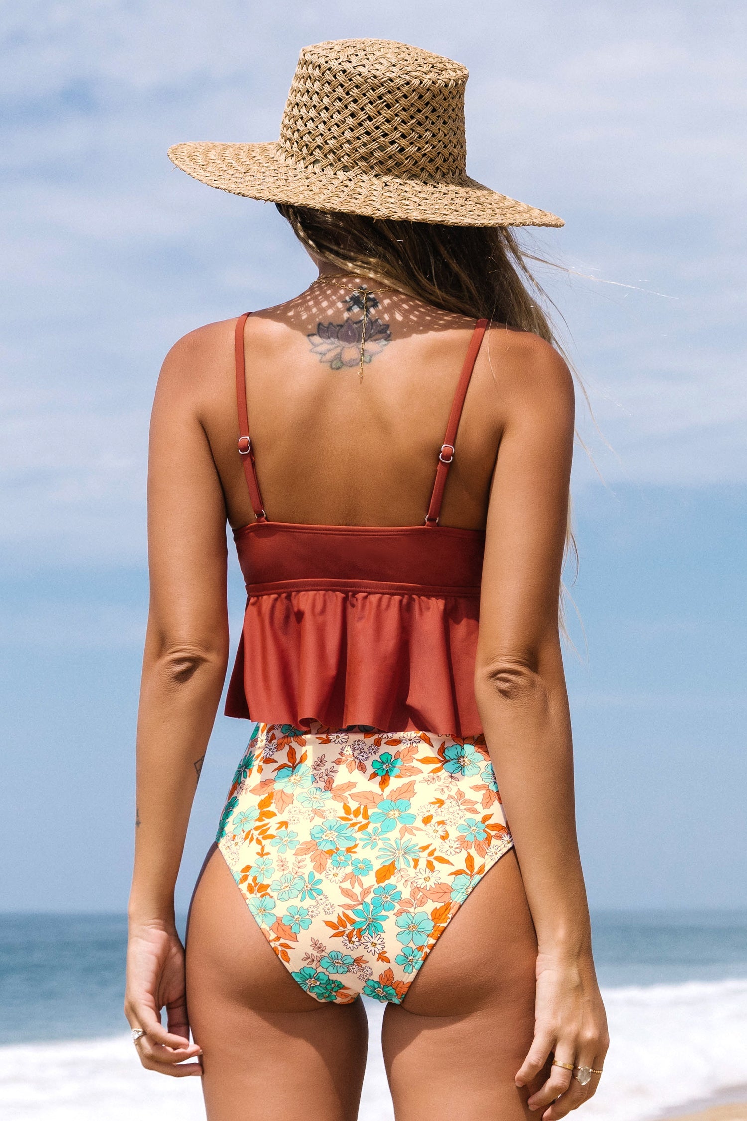 Bunny Tie Ruffle Tankini & Starry Daisy Shirred High Waist Set