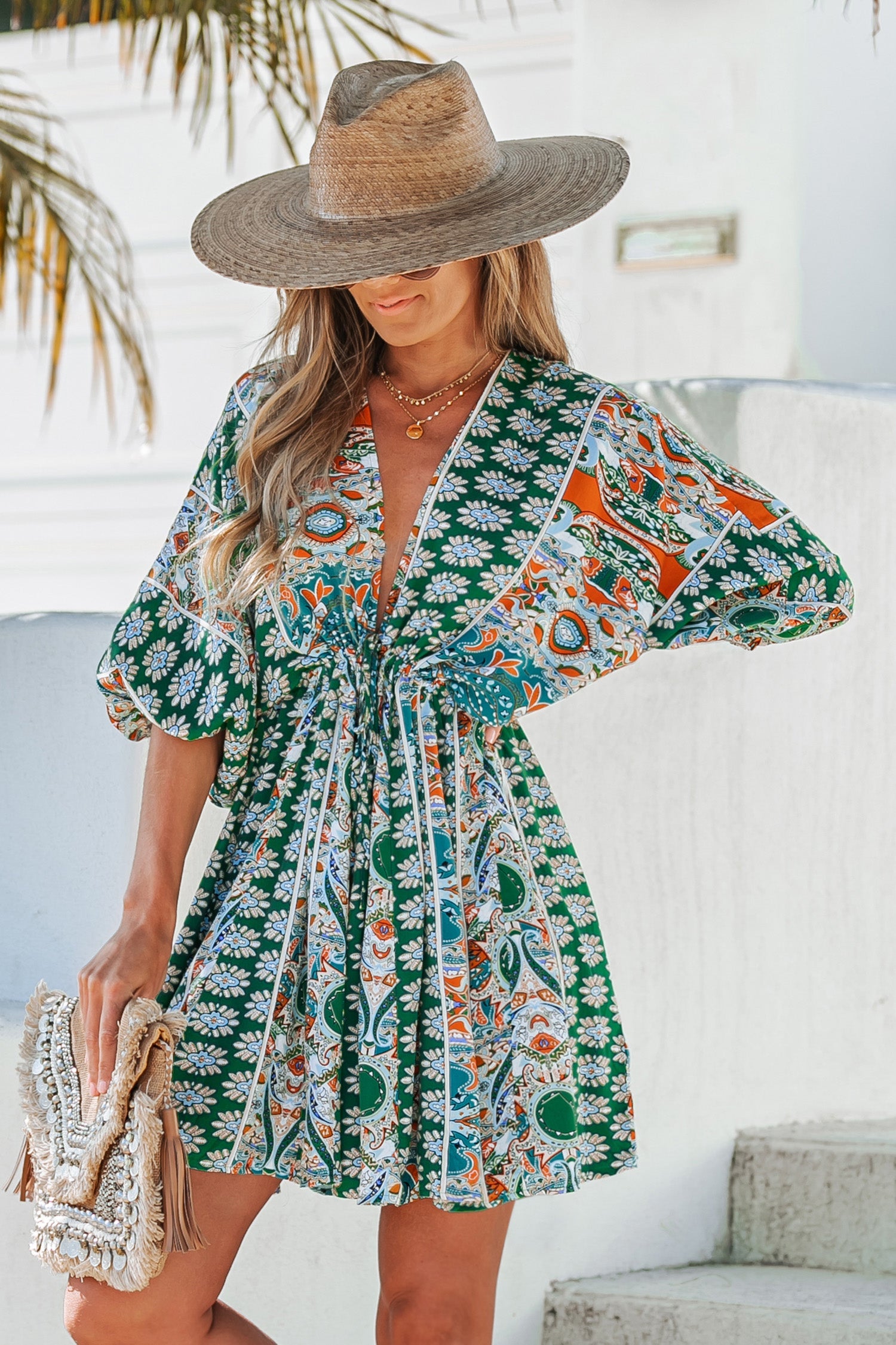 Floral Ornate Print Tie Front Dress