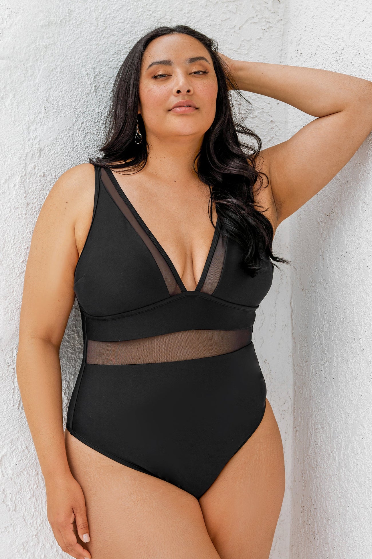 Omniscient Solid Mesh Panel Tummy Control Black Plus Size One Piece