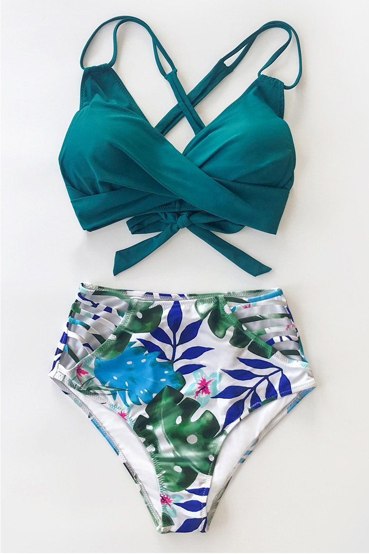 Tropical Palms Twist-Front High Waisted Bikini