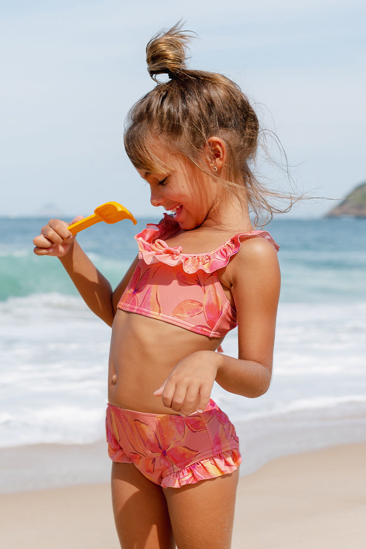 Girls Luminescent Ruffled Tie Back Bralette & Hipster Bikini Set