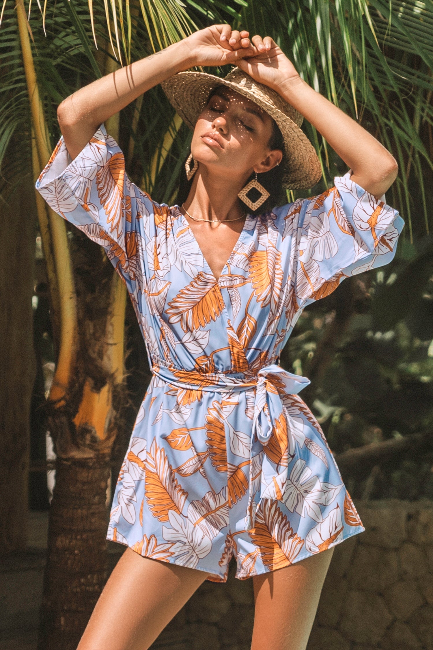 Belted Tropical Palms Romper
