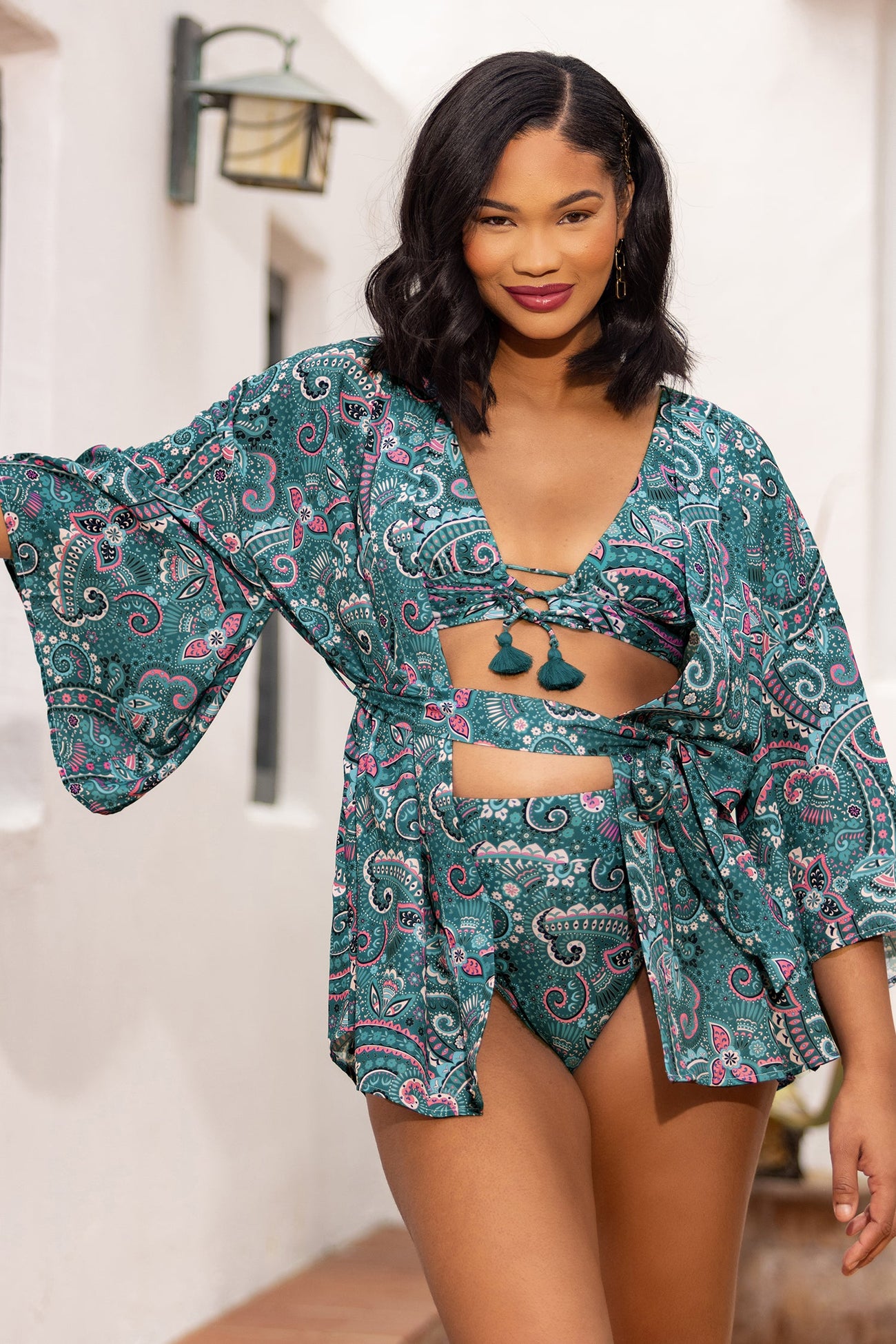 Belted Paisley Print Cover-Up Kimono