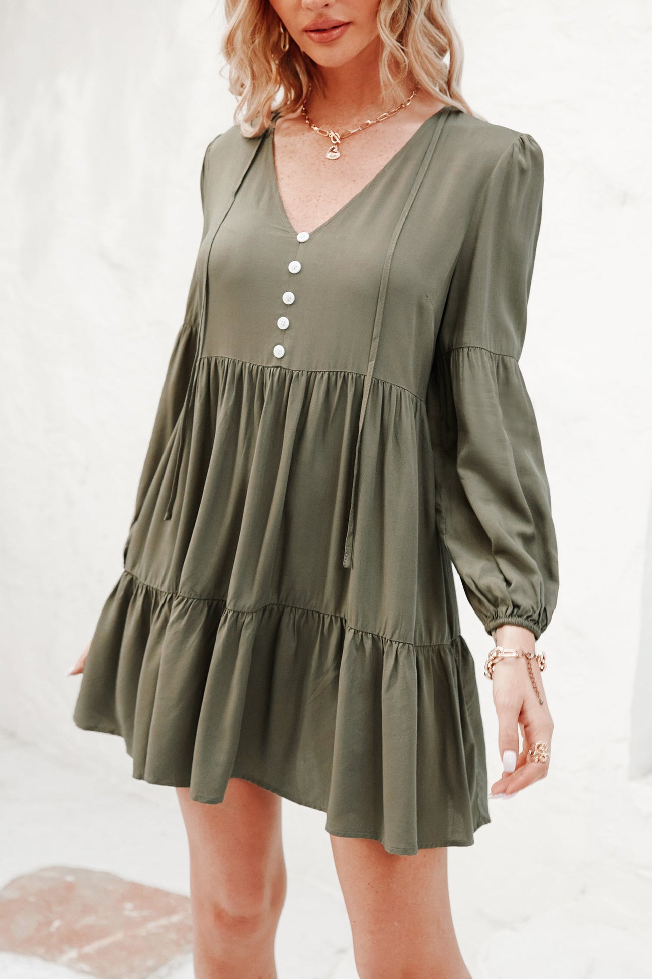 Fancy Gift Long Sleeve Ruffle V-neck Dress