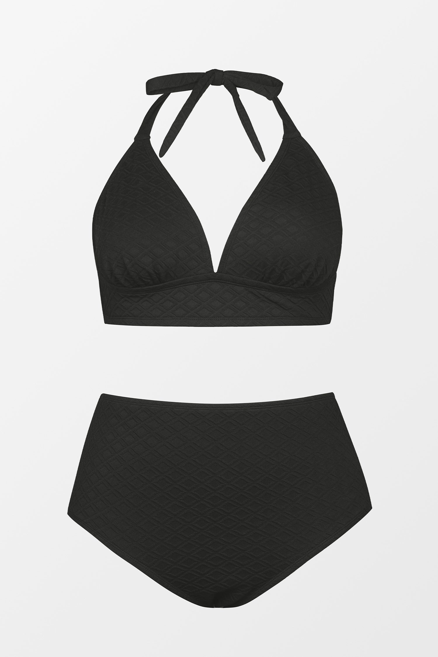 Jacquard Halter Triangle & Retro High Waist Bikini Set