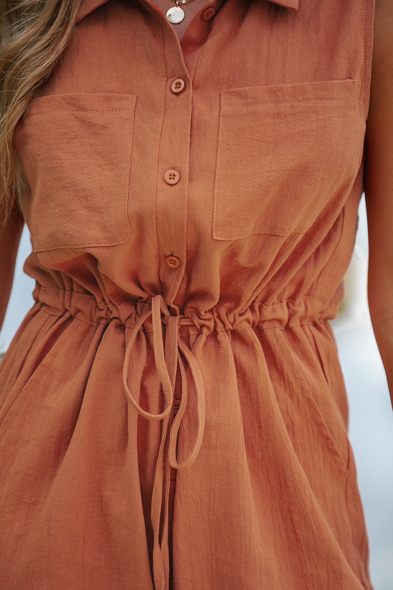 Burnt Orange Buttoned Drawstring Romper