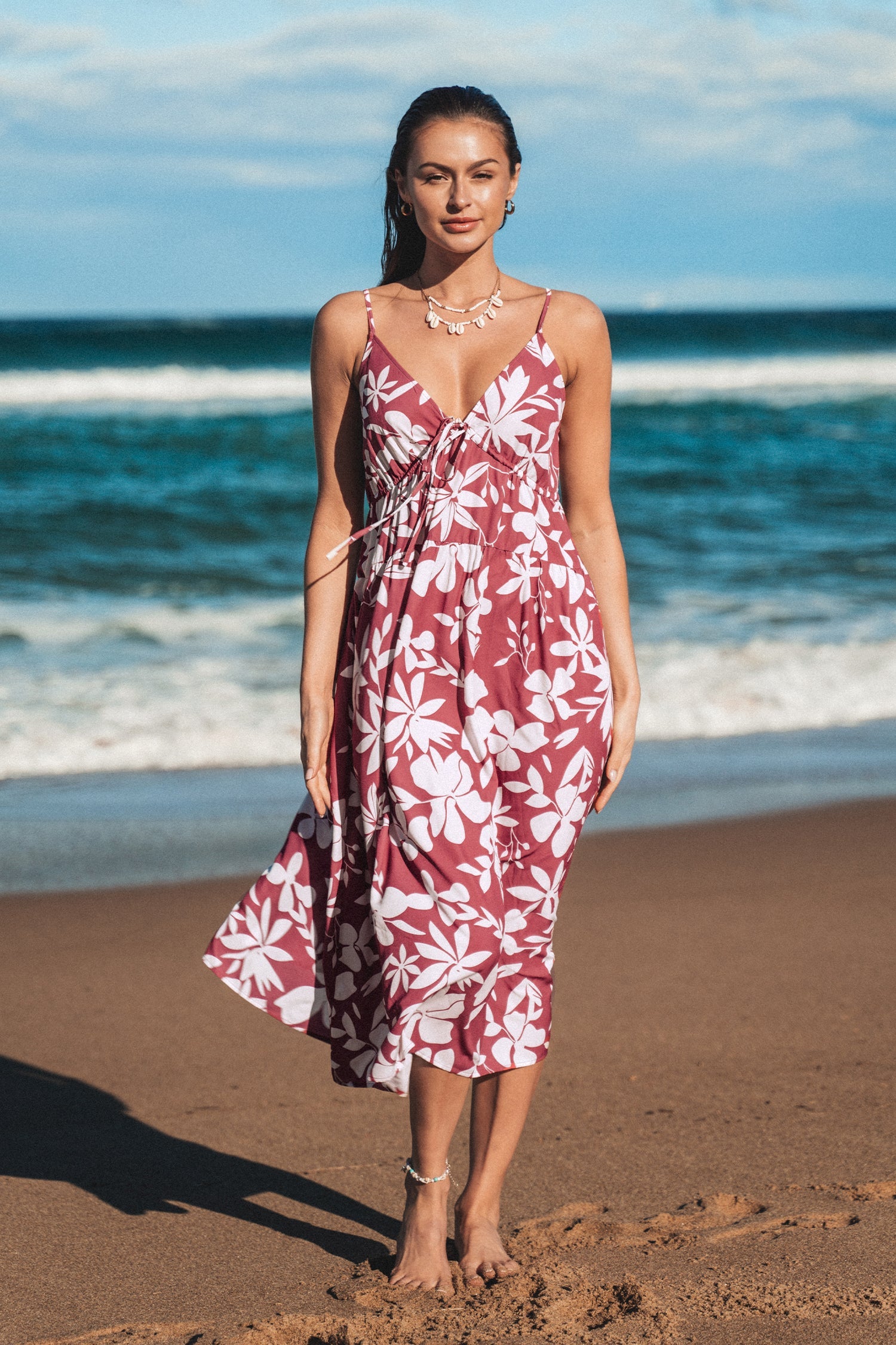 Floral Print Plunging Drawstring Dress