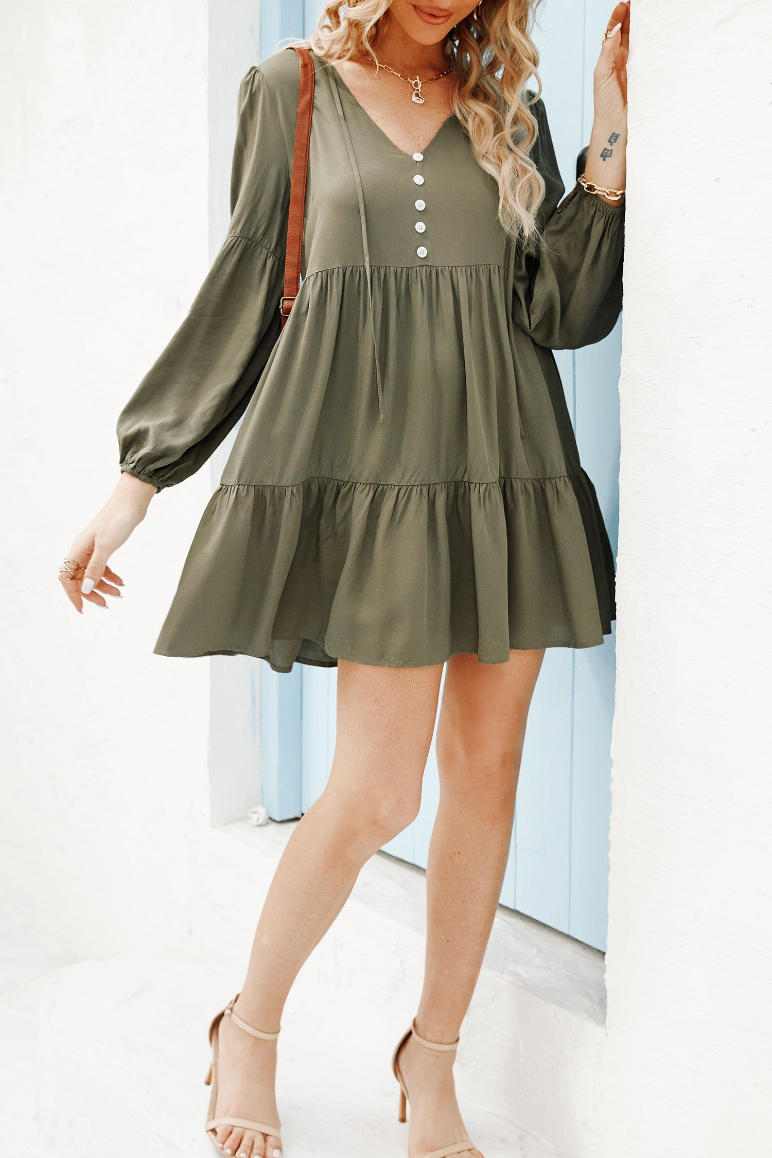 Fancy Gift Long Sleeve Ruffle V-neck Dress