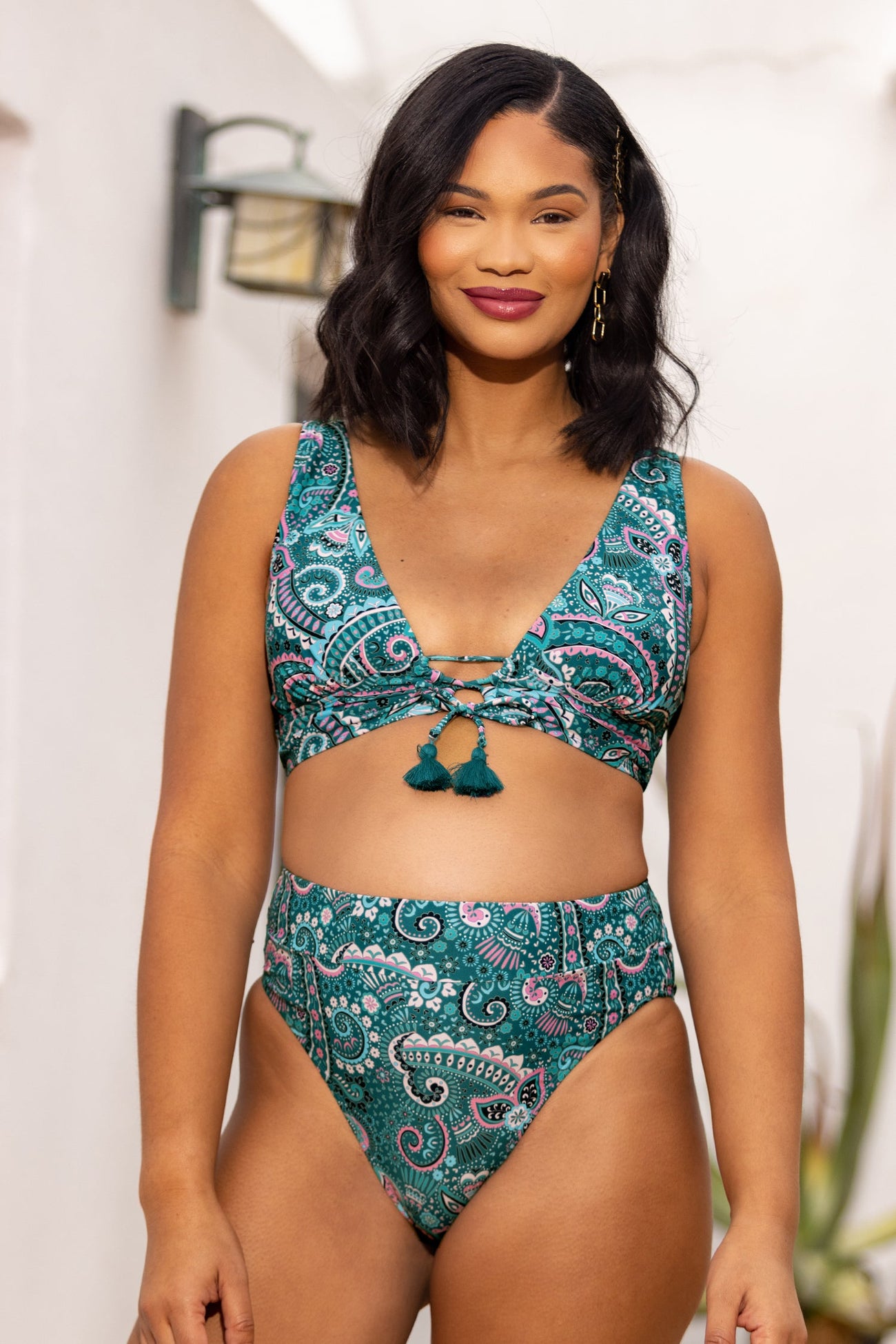 Spring Paisley Fringe Front Top & Banded High Waist Bikini Set