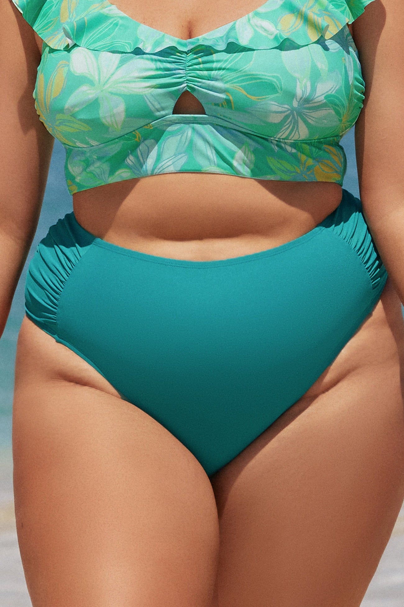 Boho Rhapsody Shirred High Waist Plus Size Bikini Bottoms