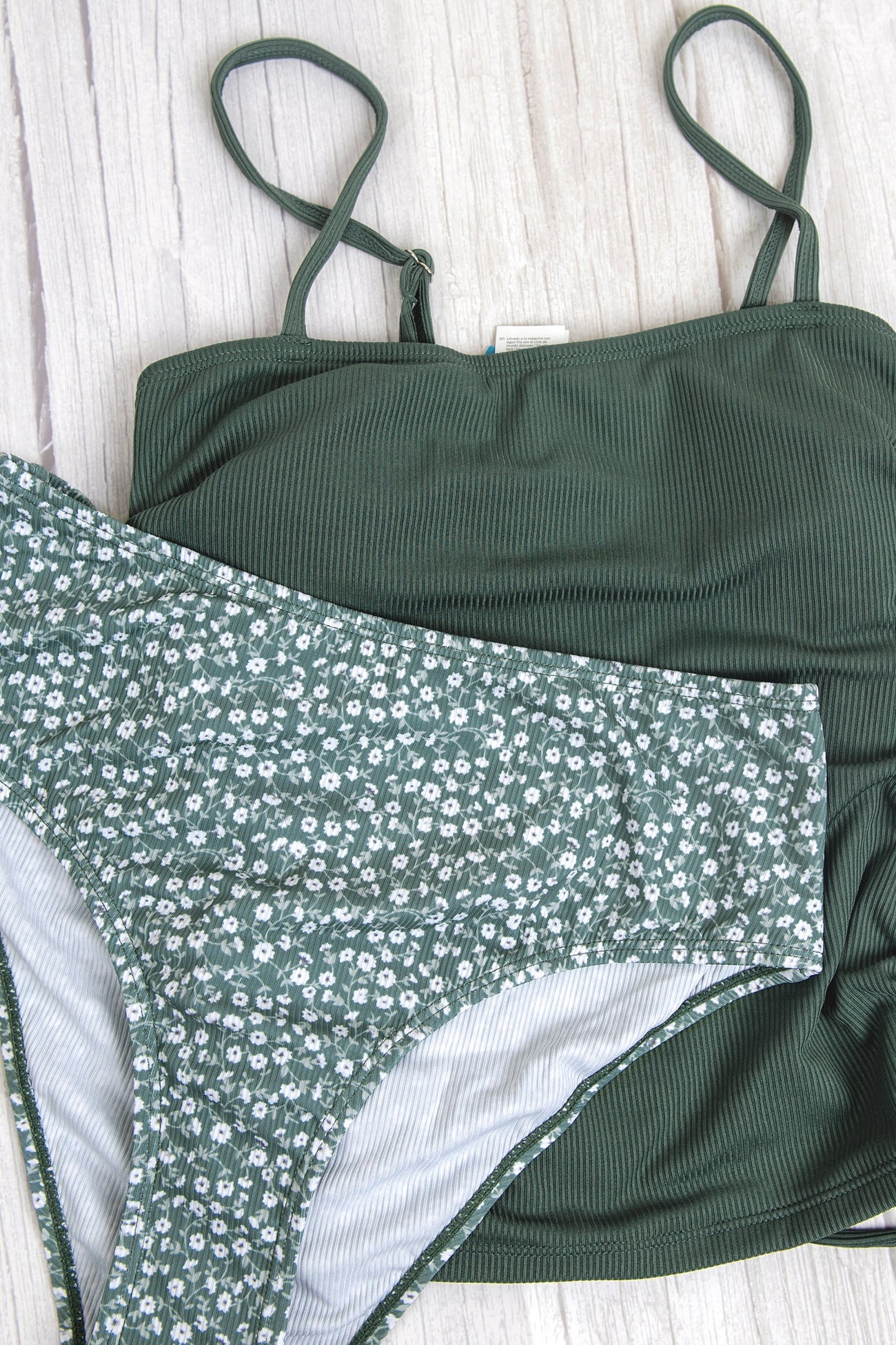 Rib Ruched Drawstring Top & Ditsy Floral High Waist Tankini Set