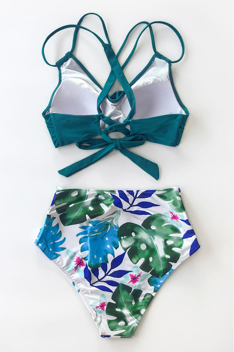 Tropical Palms Twist-Front High Waisted Bikini