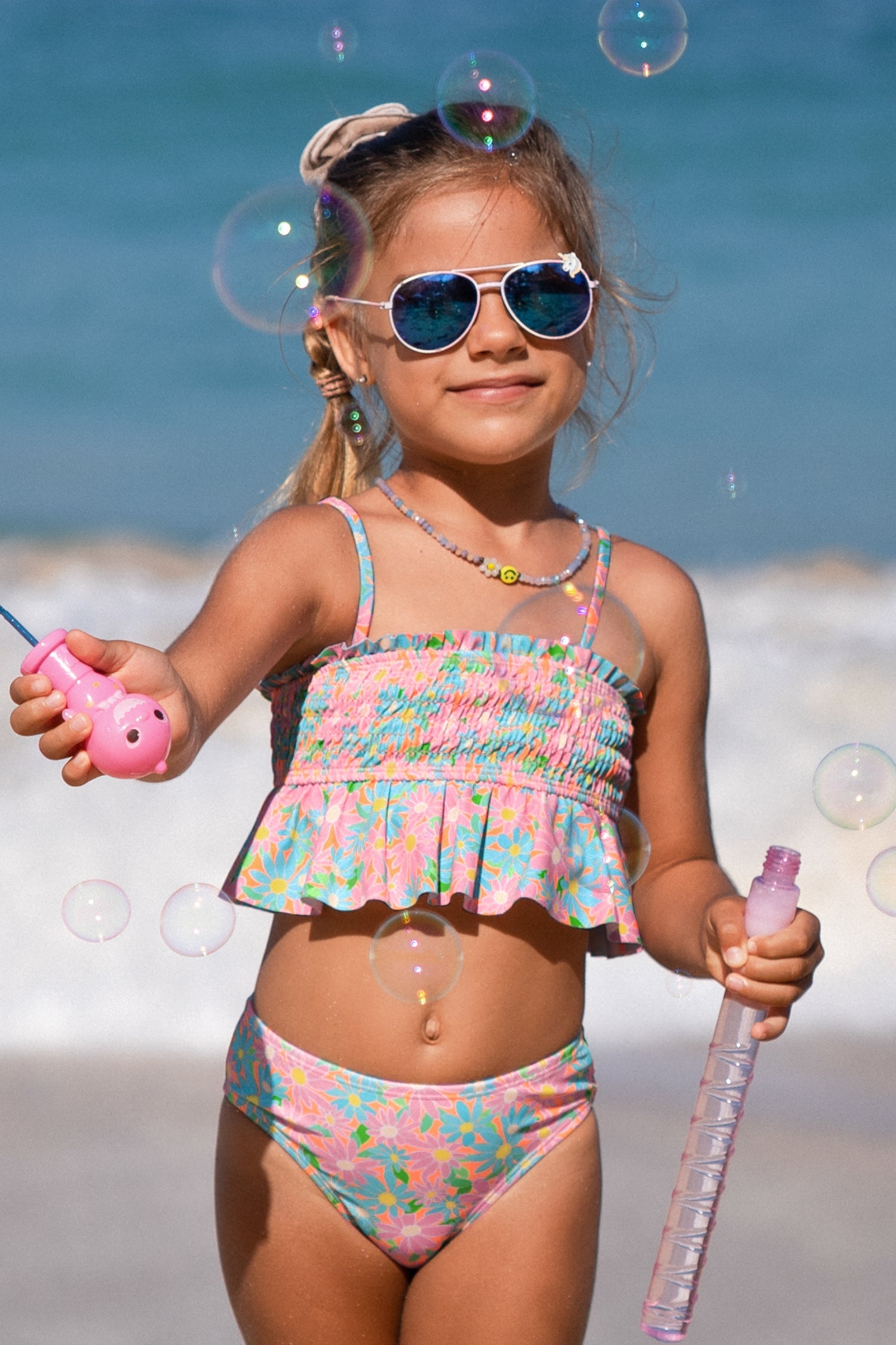 Girls Spring Blossoms Smocked Ruffled Hipster Tankini Set