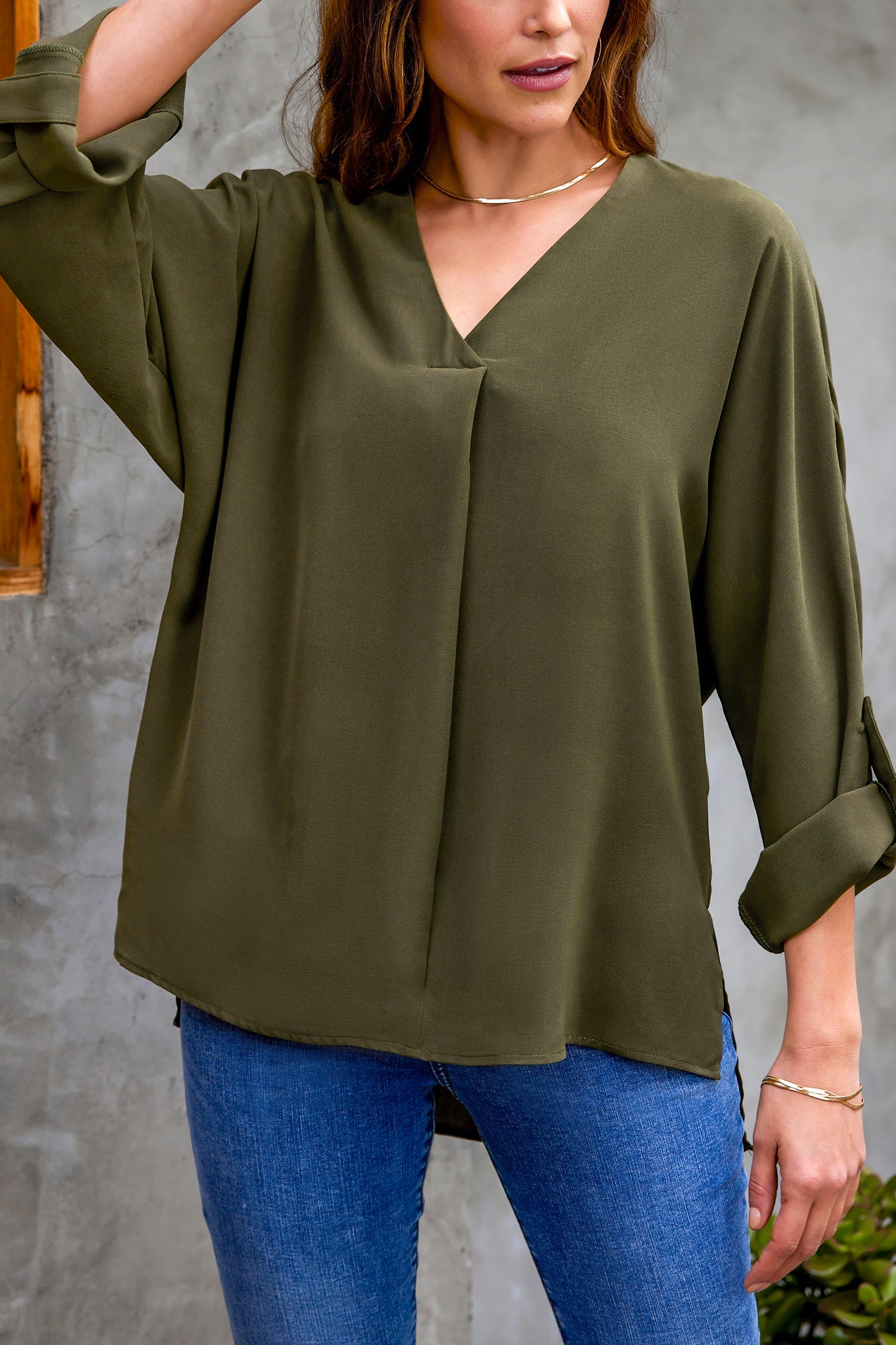 Addison V-Neck Rolled Cuff Top