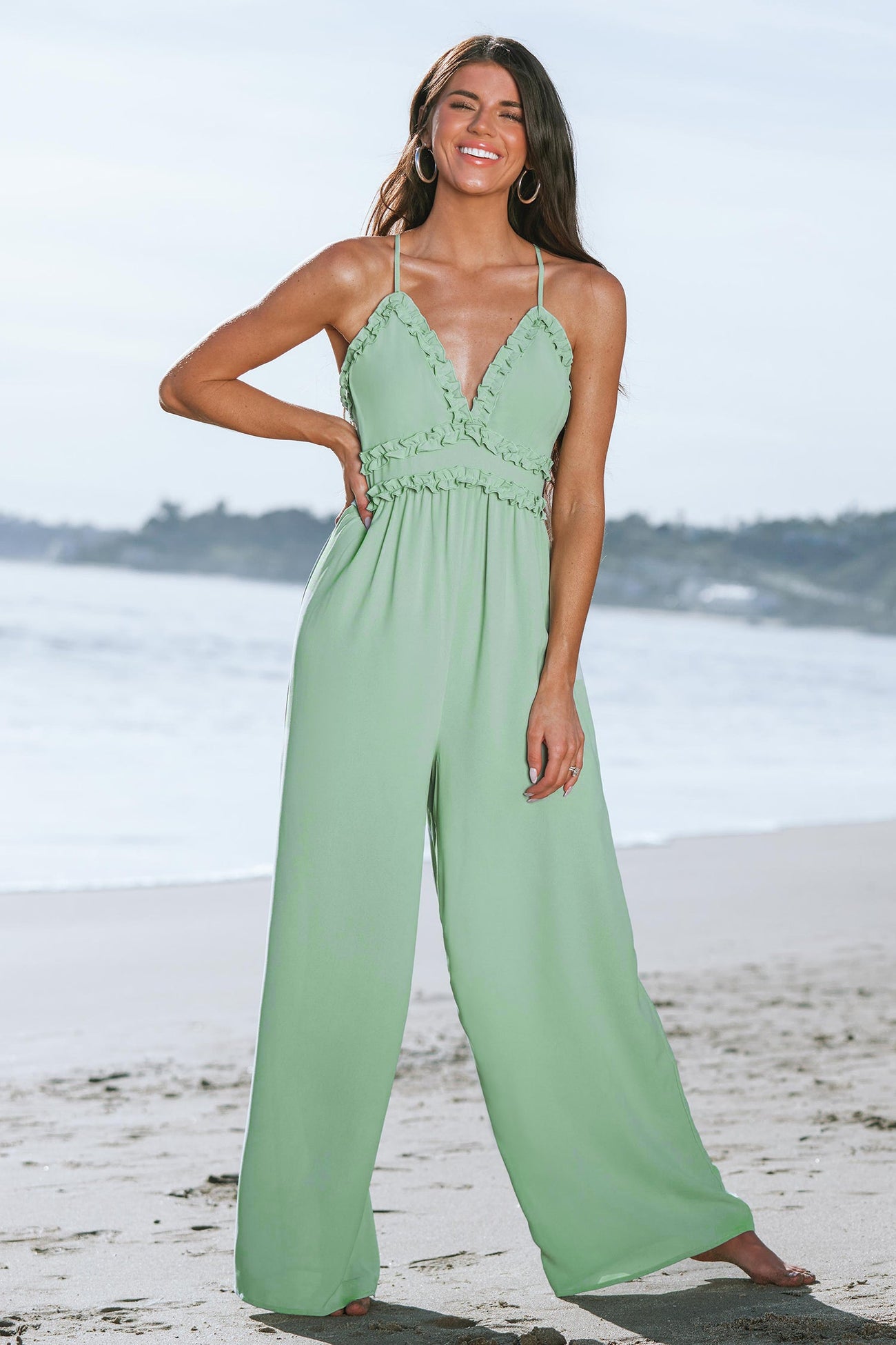 X Madison Beach Wedding Love Ruffled Cross Back Jumpsuit