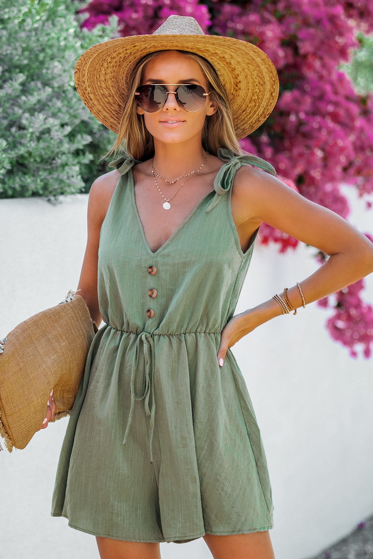 Olive Tie Strap V-Neck Romper