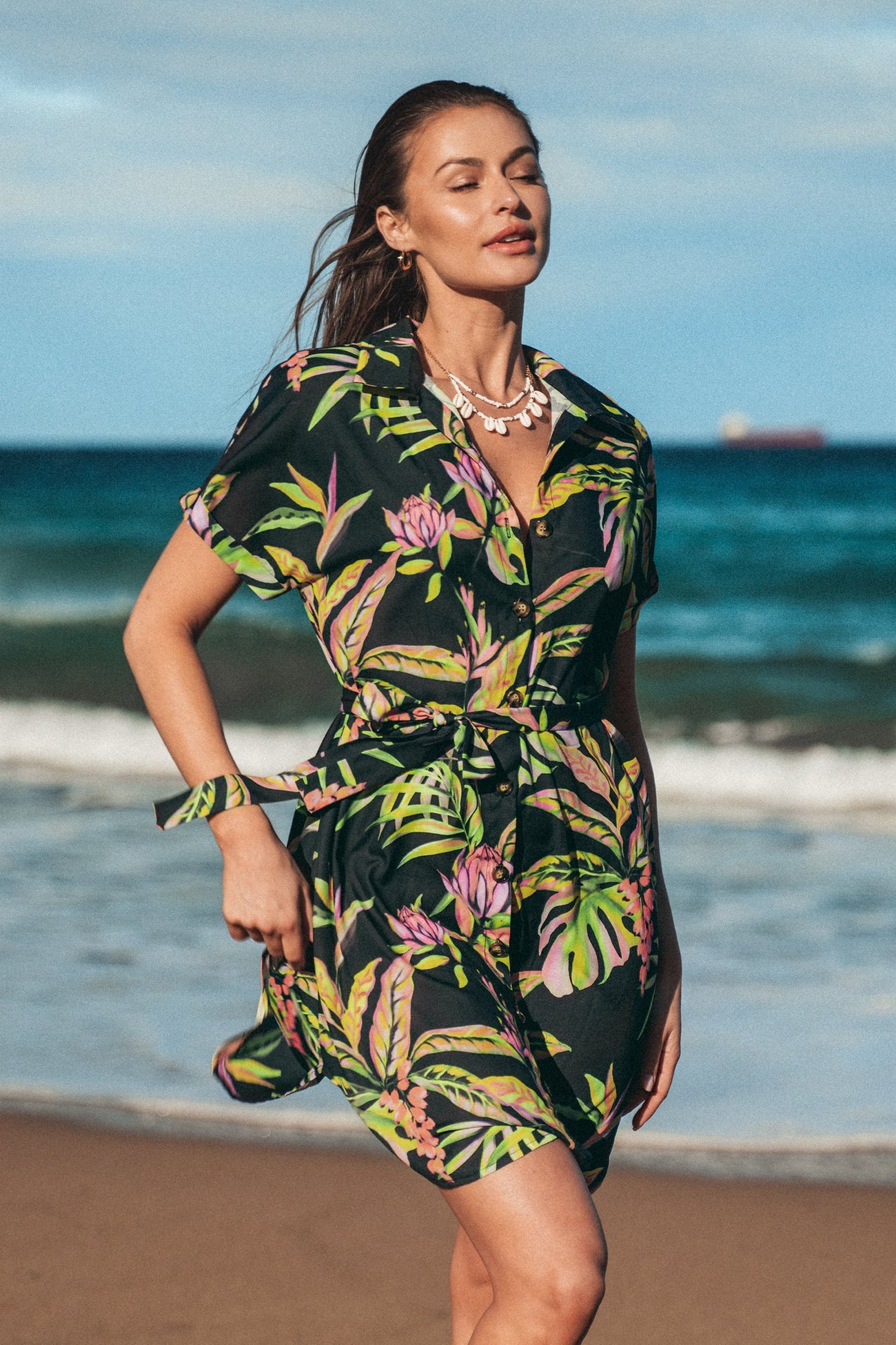 Tropical Leaf Shirt Collar Dress