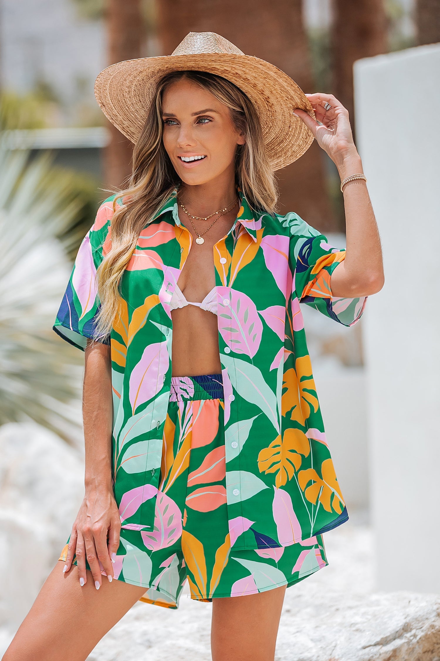 Tropical Leaf Print Drop-Sleeve Shirt
