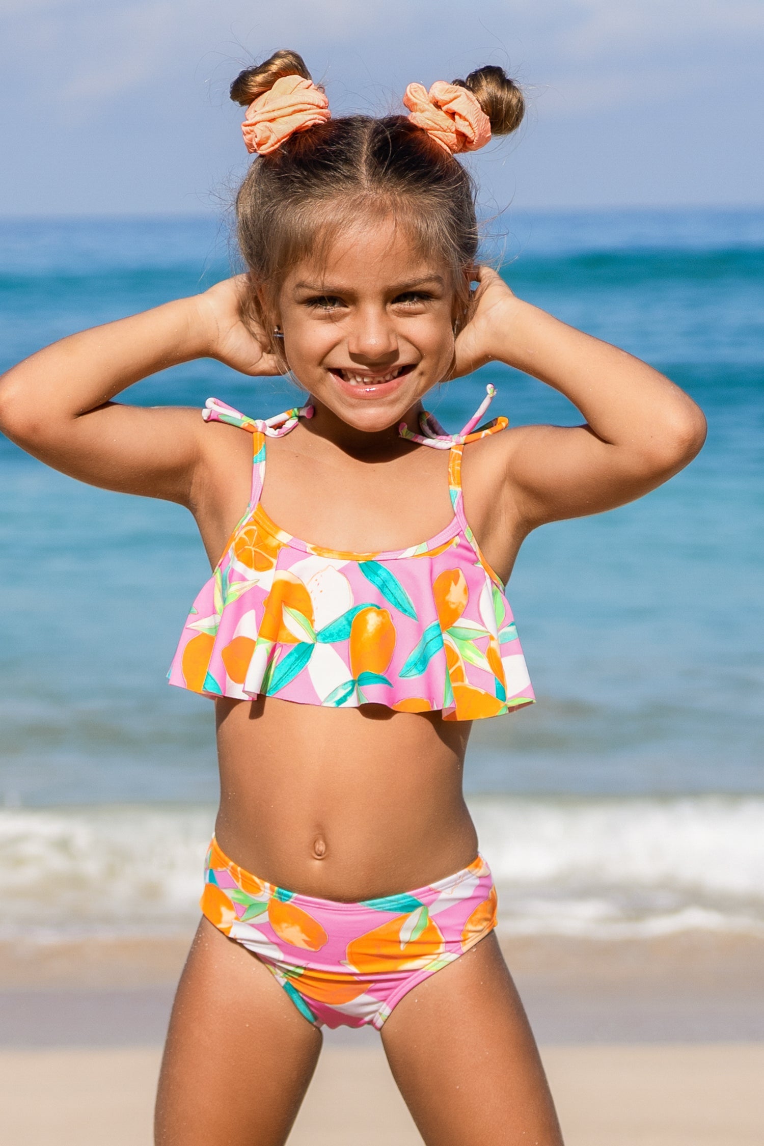 Girls Lemon Drops Tie Strap Top & Mid Rise Hipster Bikini Set