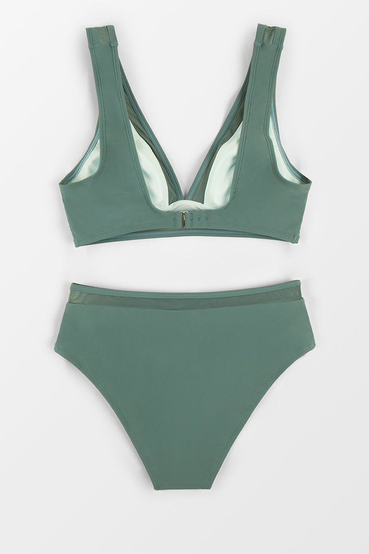 Deep V Neck Mid Waisted Backless Bikini Set