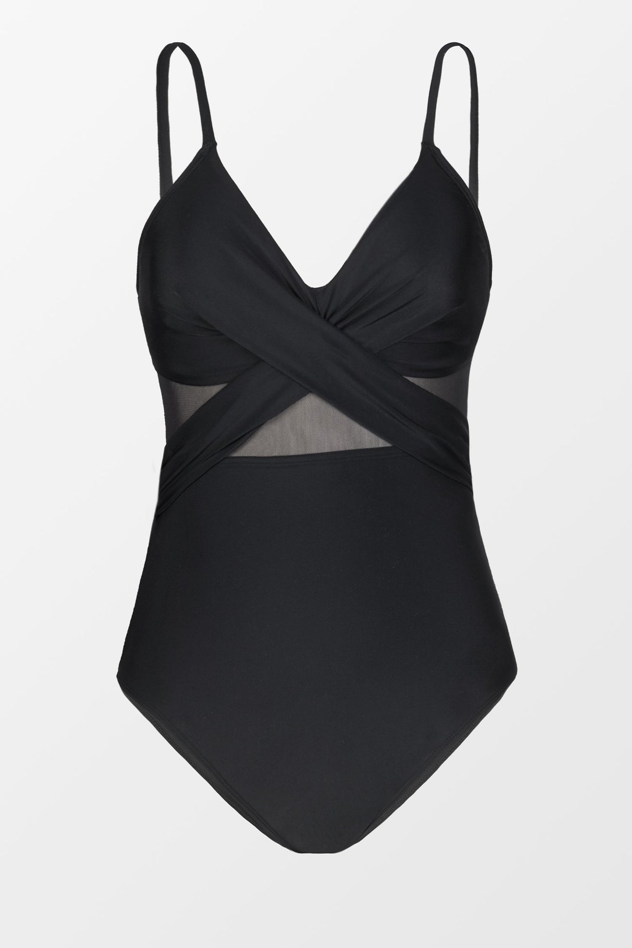 Forest Adventure Solid Mesh Wrap Front Cutout Black One Piece Swimsuit