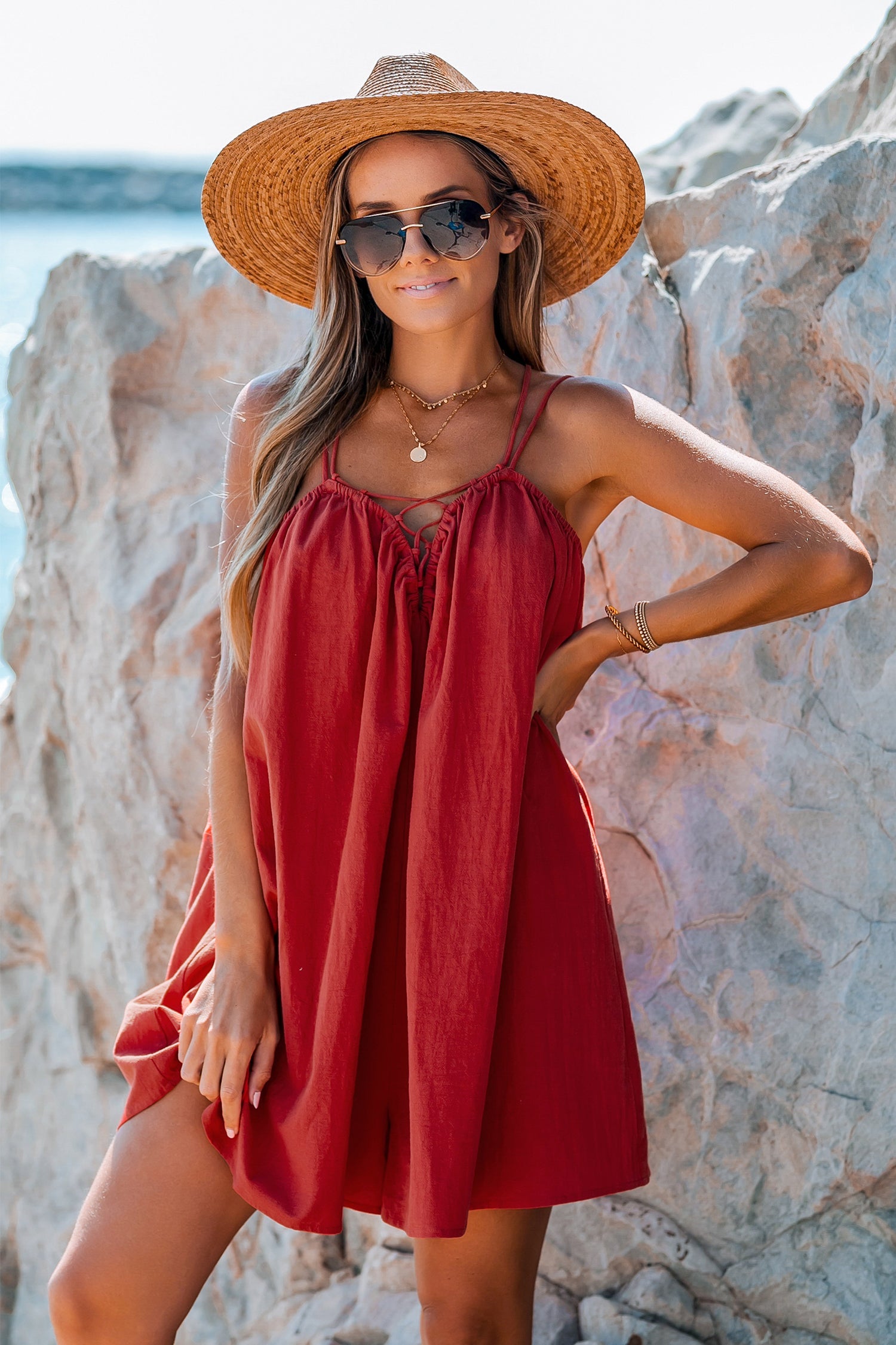 Ruched Lace-Up Backless Cami
