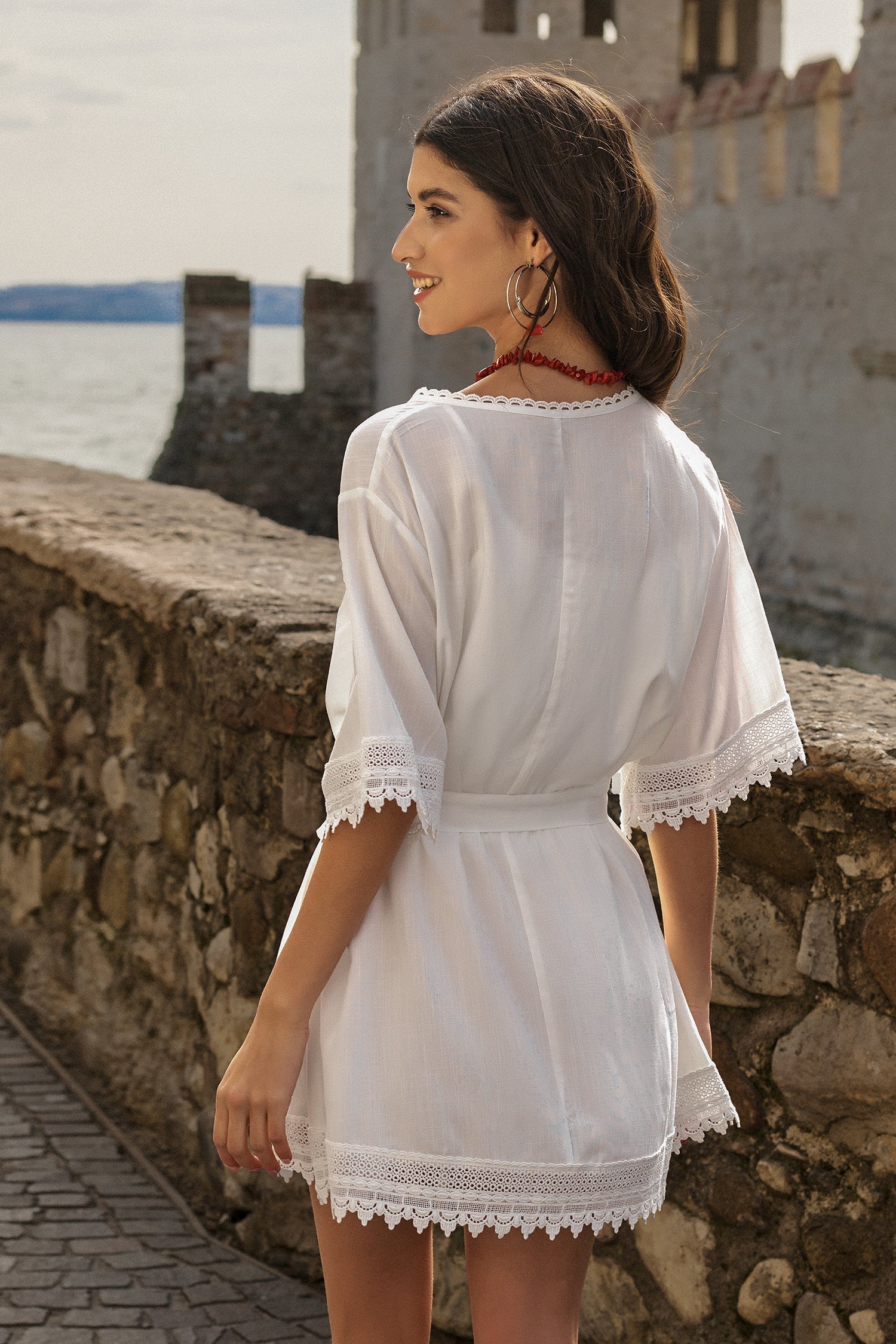 Belted Tie Front Lace Cover-Up Dress