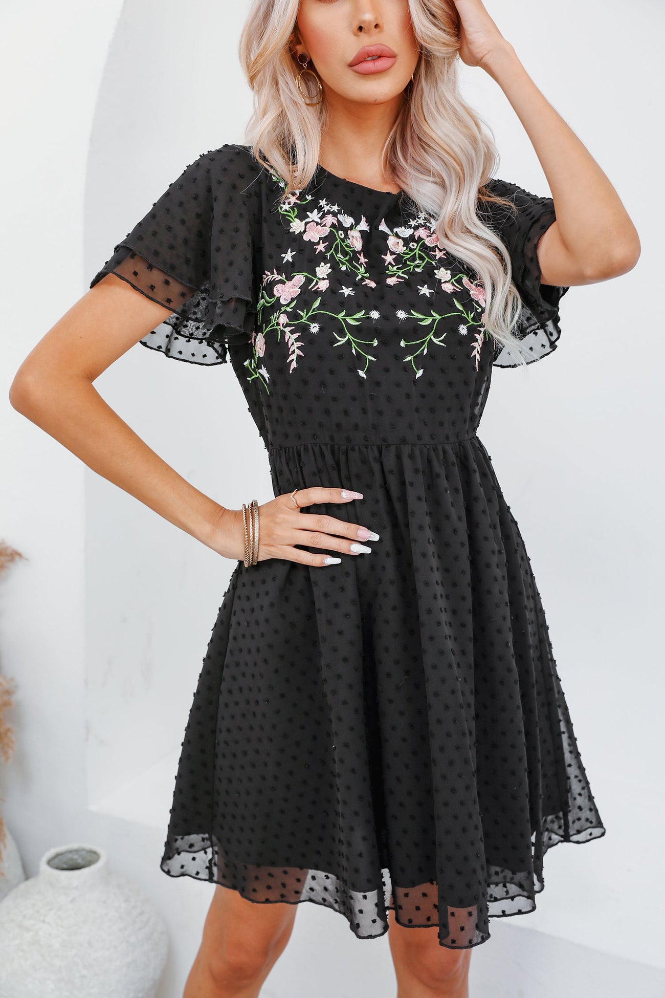 Freedom Beach Embroidered Floral Clip Dot Dress