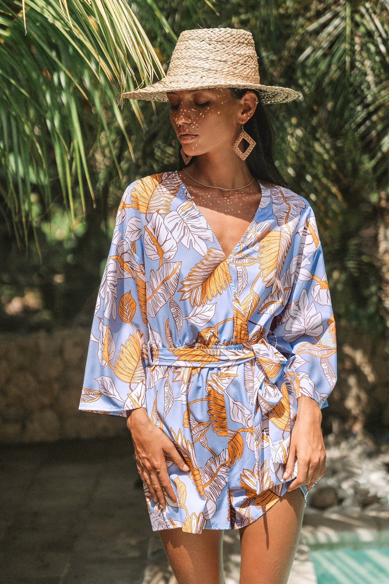 Belted Tropical Palms Romper