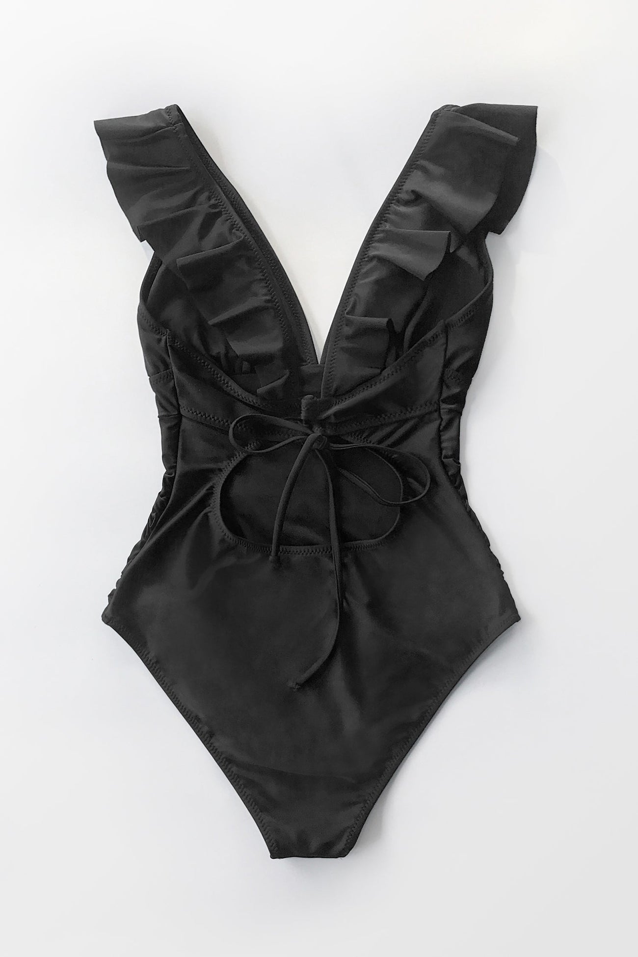 Summer Seaside Ruffled Ruched Plunge Gathered Black One Piece