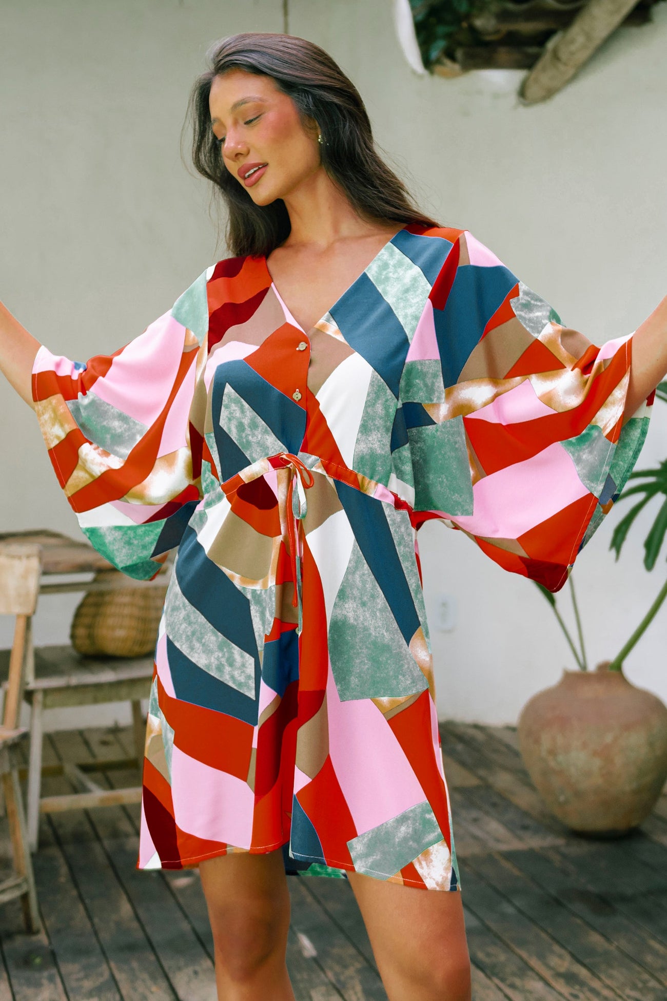 Colorful Abstract Print Tie Waist Dress