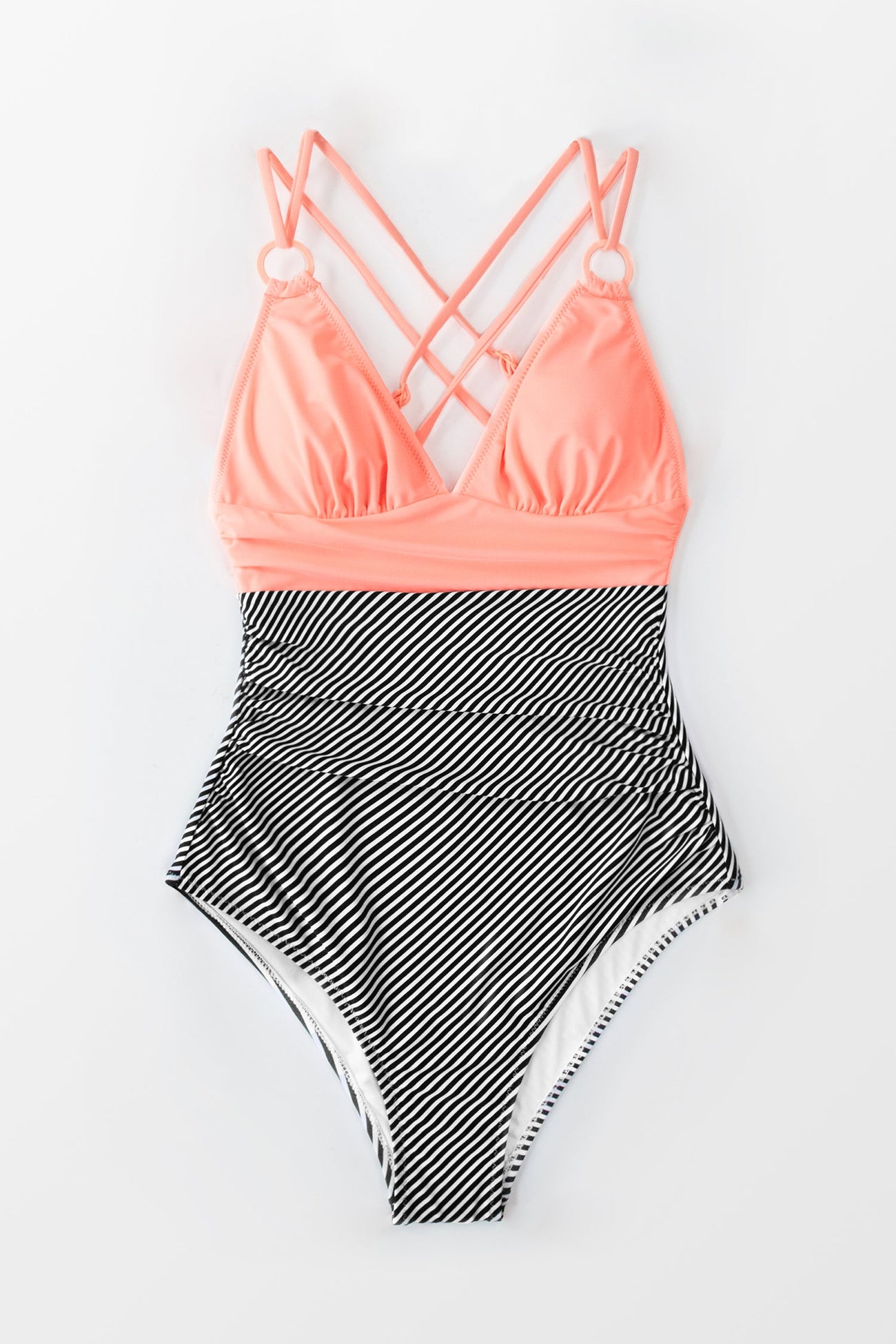 Peachy and Striped Gathered One Piece Swimsuit