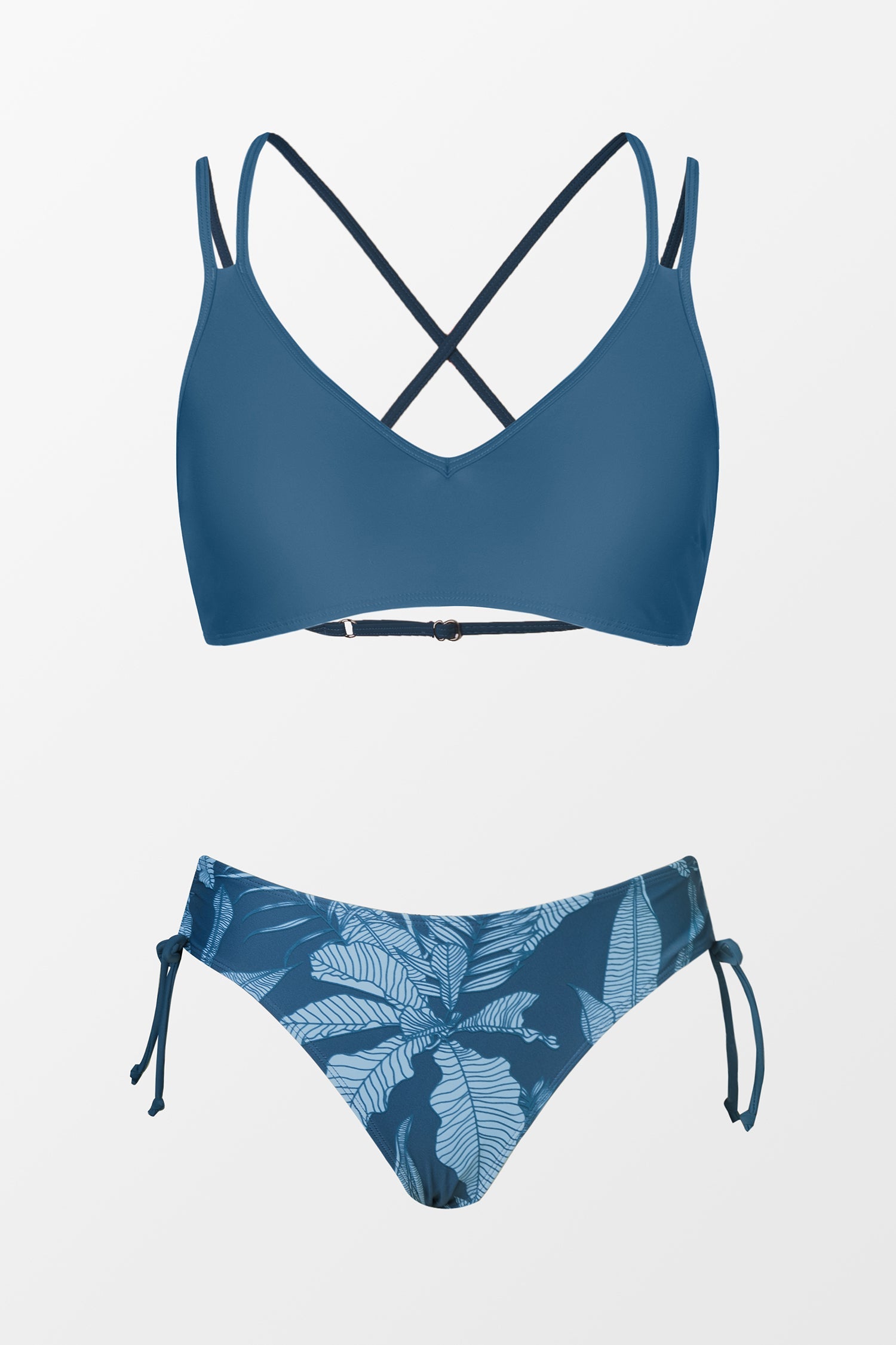Strappy Bralette & Leaf Print Ruched Drawstring Bikini Set