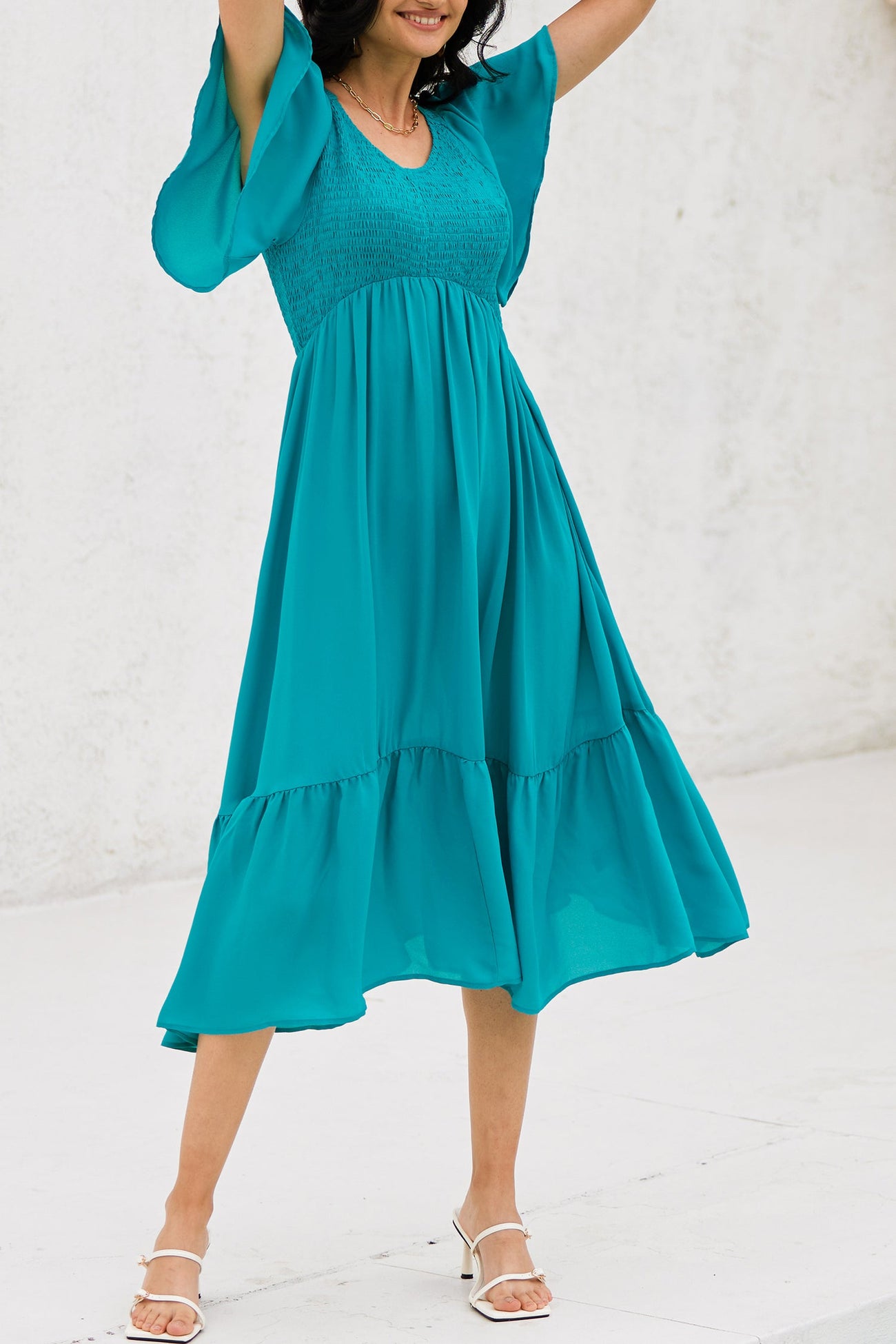 Ocean Blue Smocked Ruffled Dress