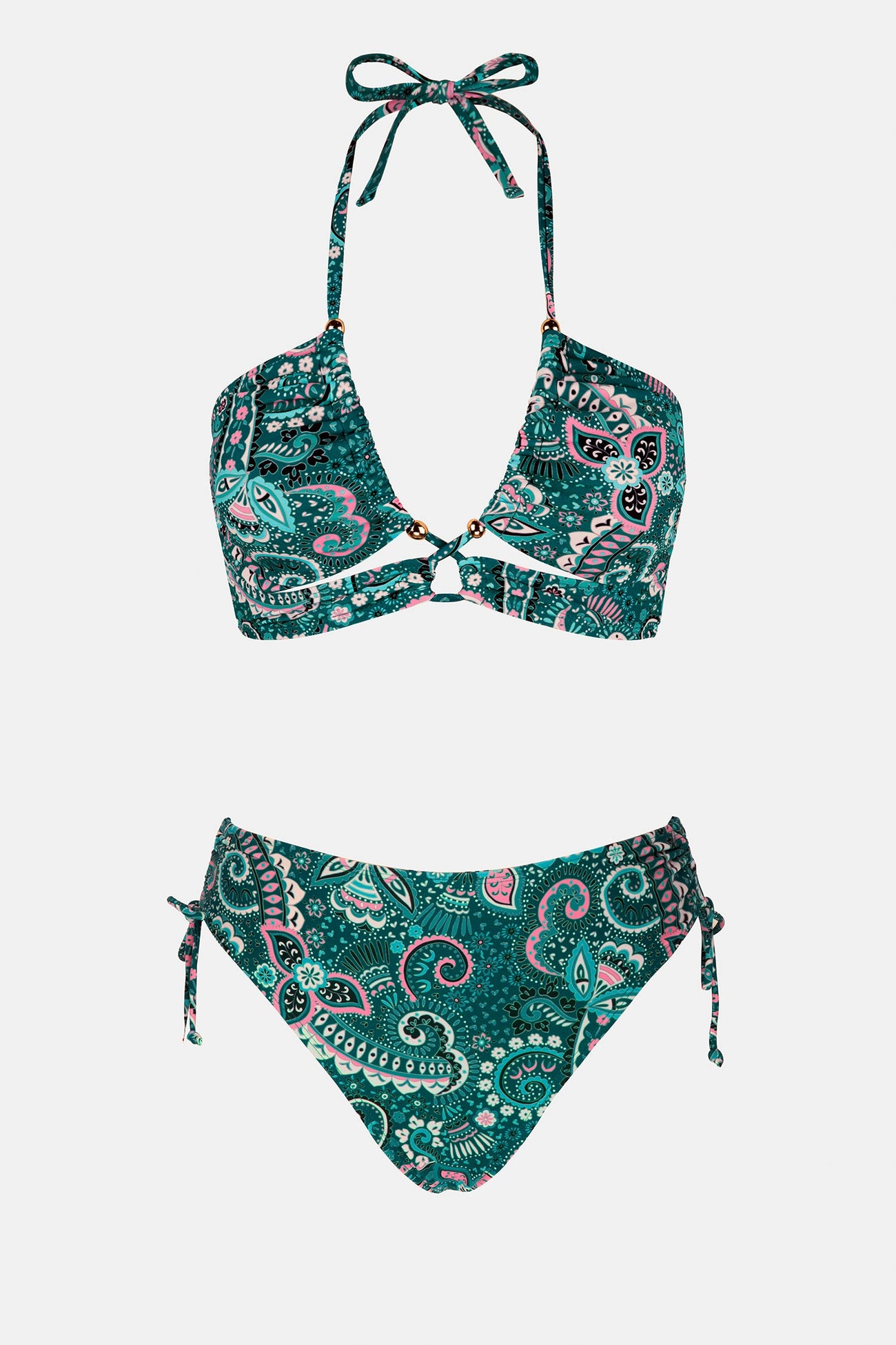 Spring Paisley Cutout Halter & Ruched Drawstring Bikini Set